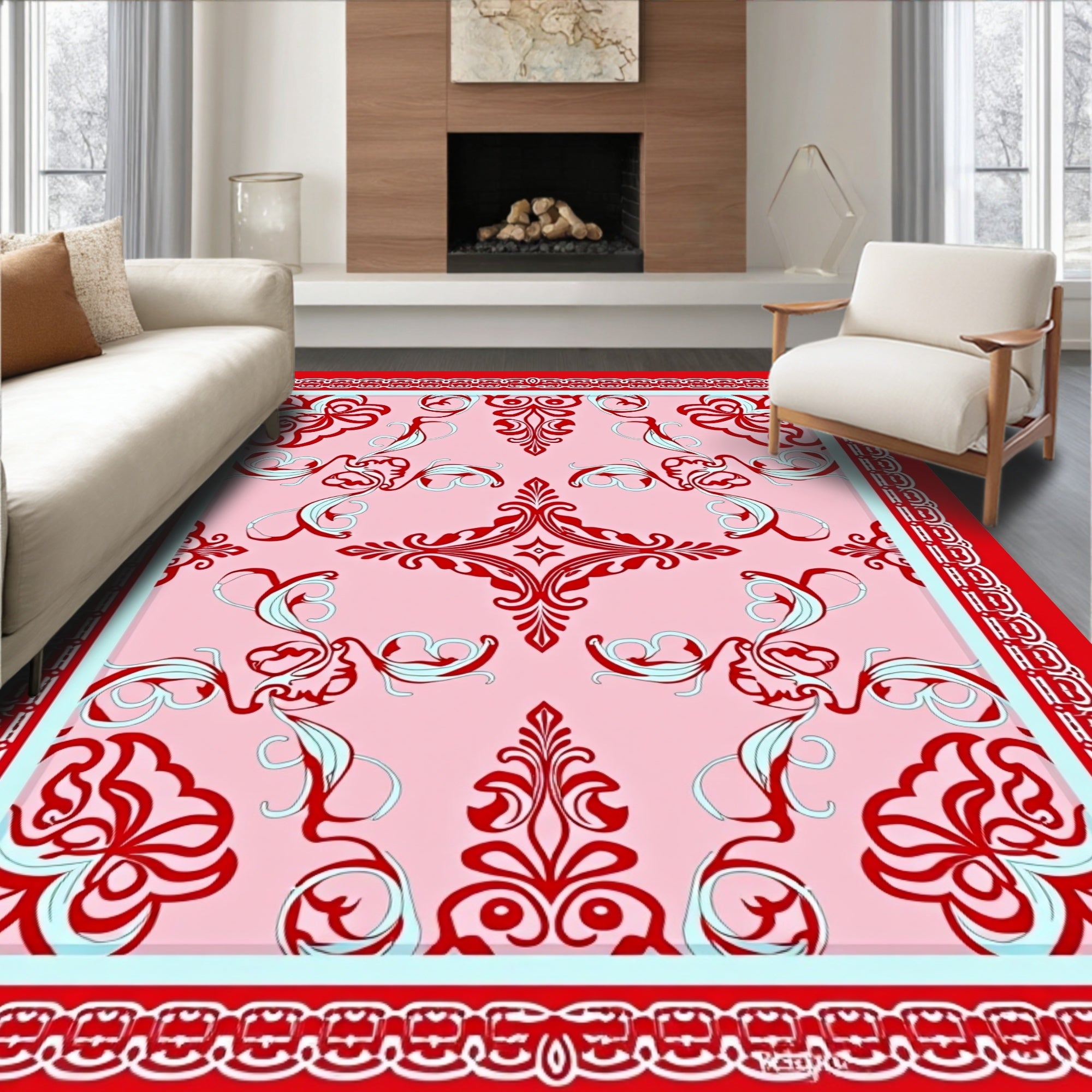 Crimson Red Damask Scroll Medallion Rug
