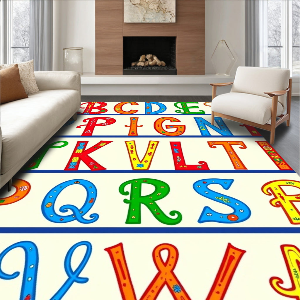 Colorful Alphabet Illustrations With Folk Motifs Rug