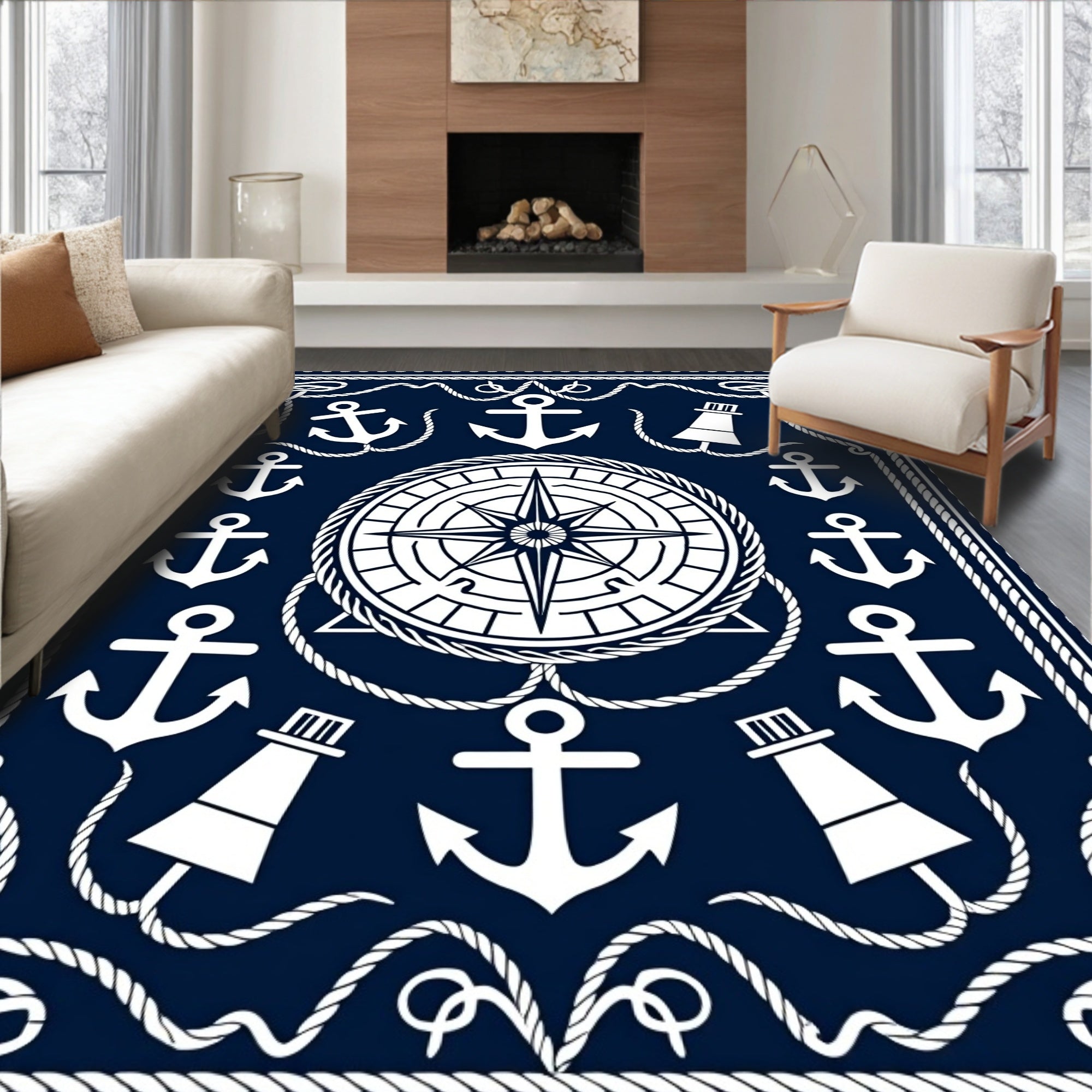 Nautical Navy Anchor Compass Rose Rug