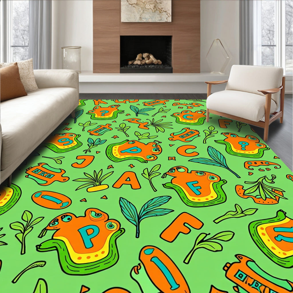 Playful Orange Alphabet Animals Green Background Rug