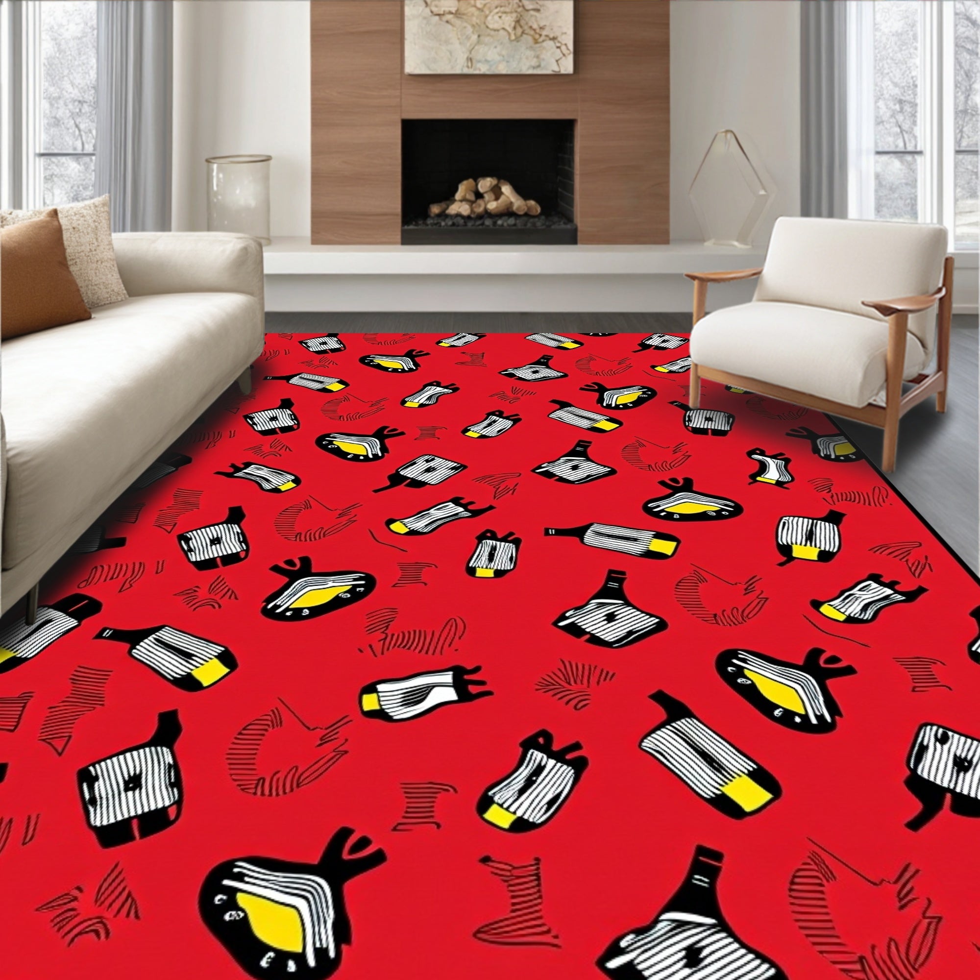 Red Black Yellow Abstract Shapes Rug