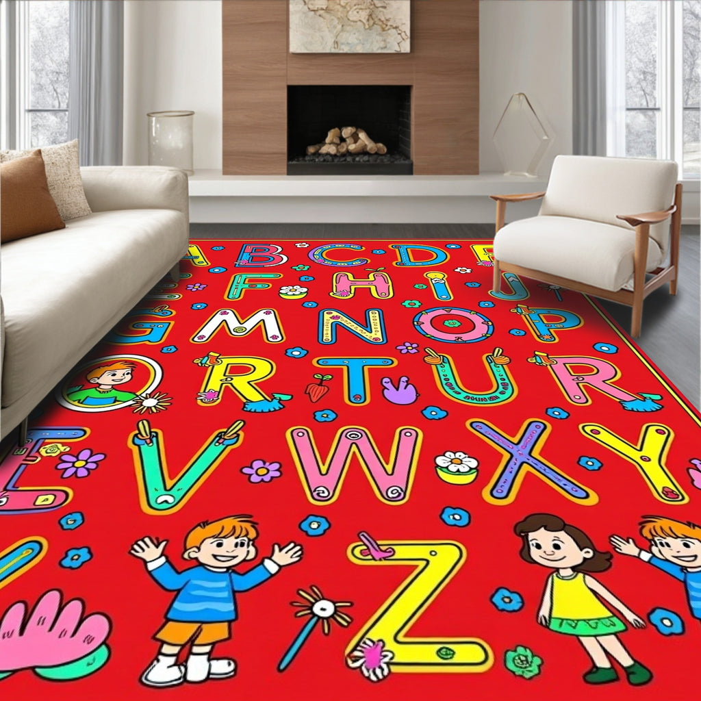 Bright Alphabet Characters Floral Border Rug