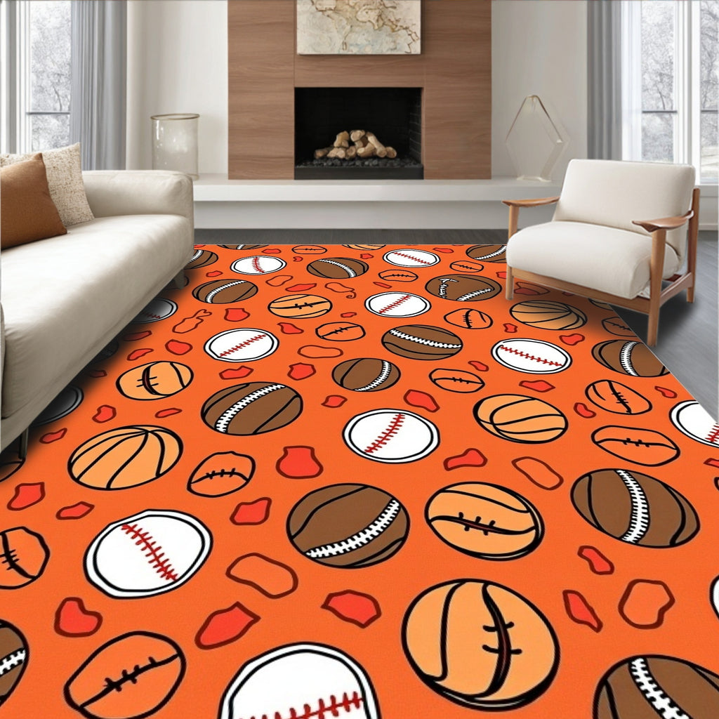 Orange Baseball and Basketball Balls Rug