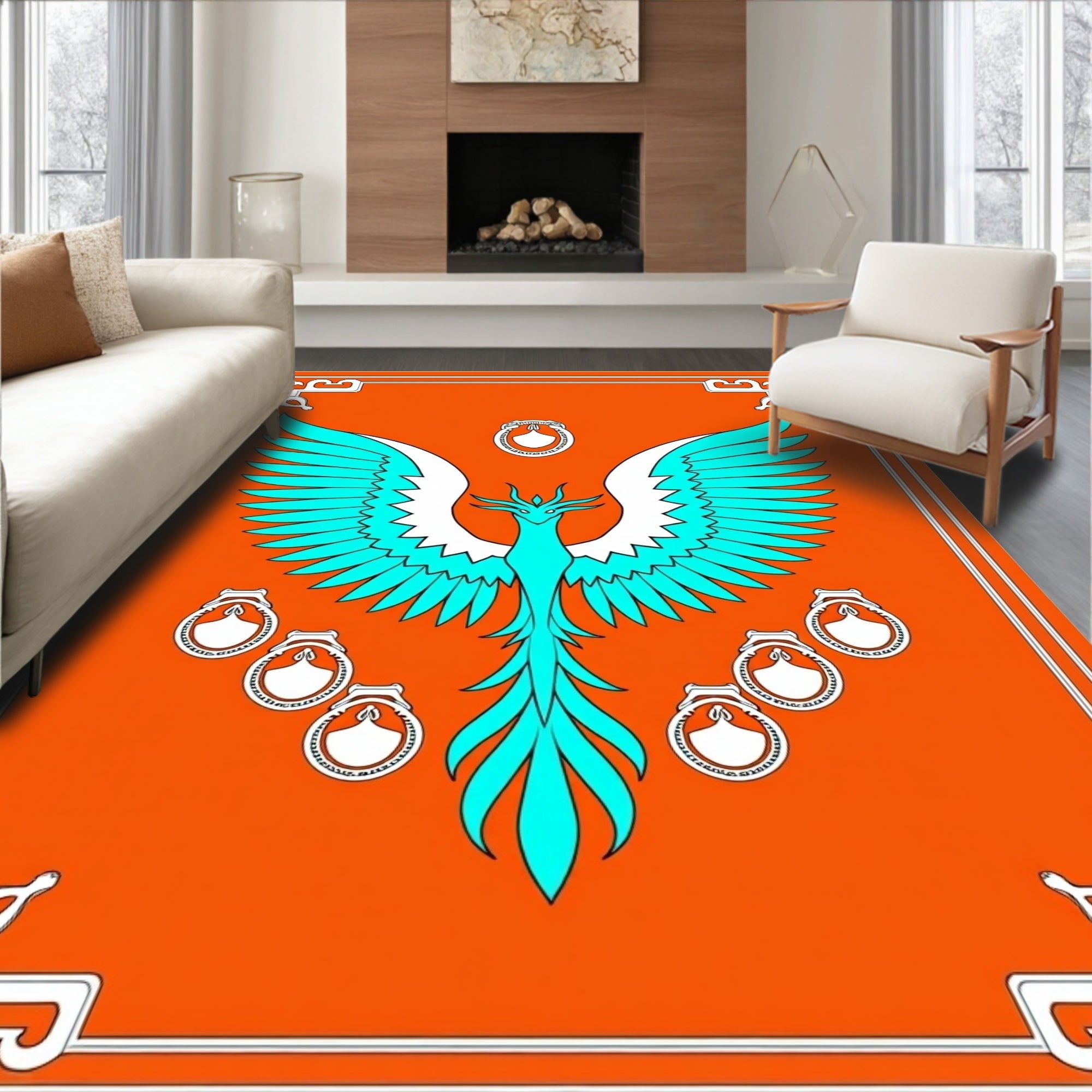 Orange Teal Phoenix Heraldic Rug
