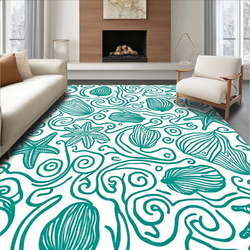 Teal Seashell Starfish Swirls Rug