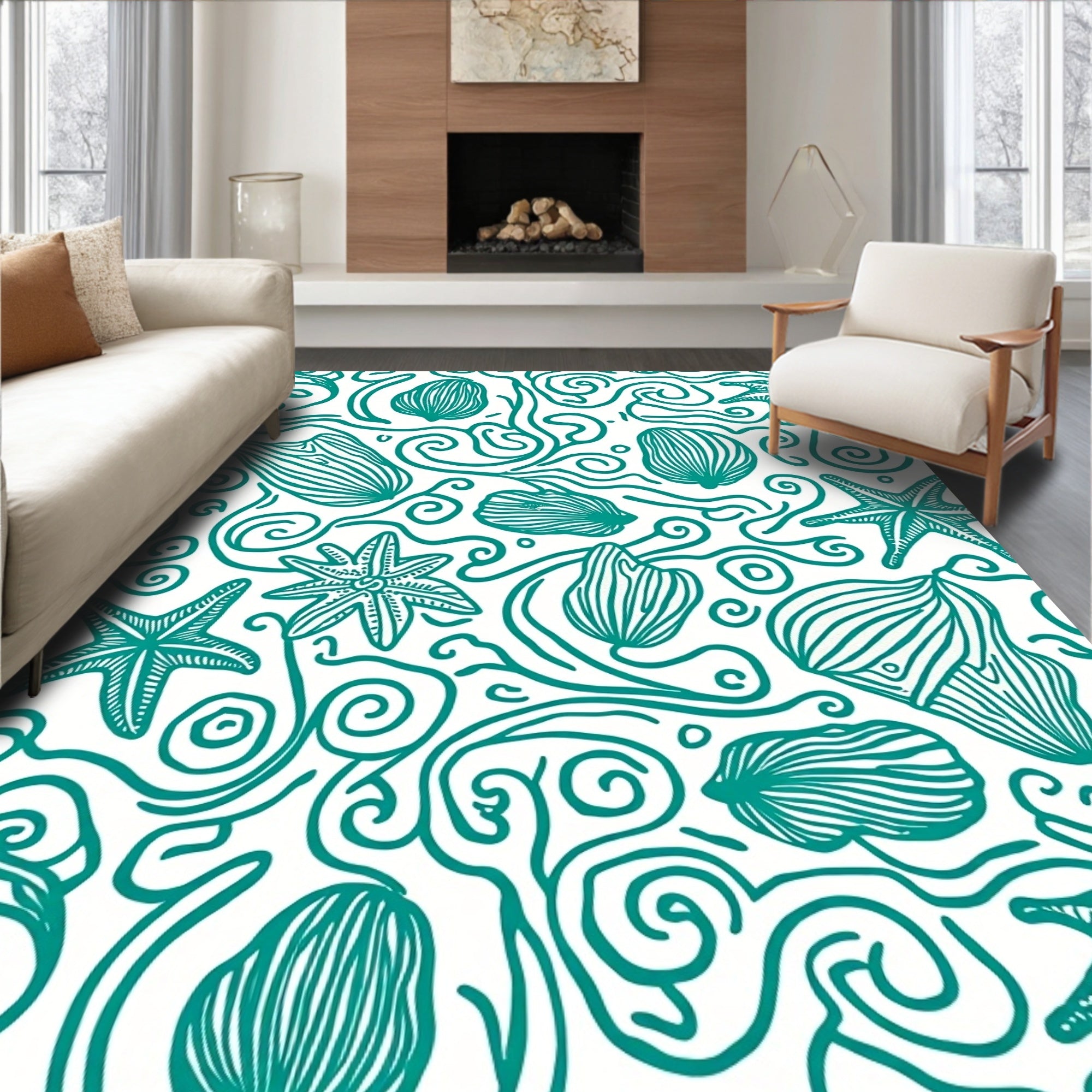 Teal Seashell Starfish Swirls Rug