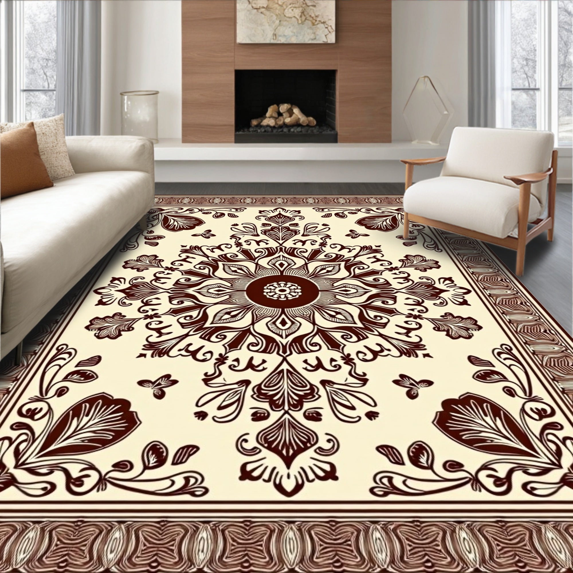 Chocolate Brown Floral Mandala Border Rug