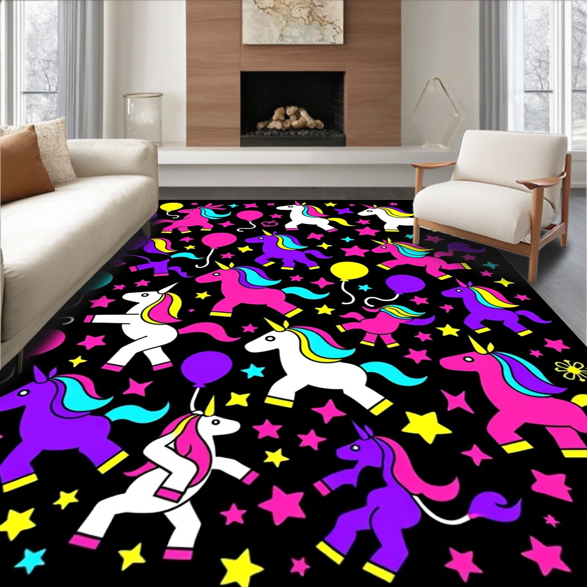 Vibrant Unicorn Balloons Starry Night Rug
