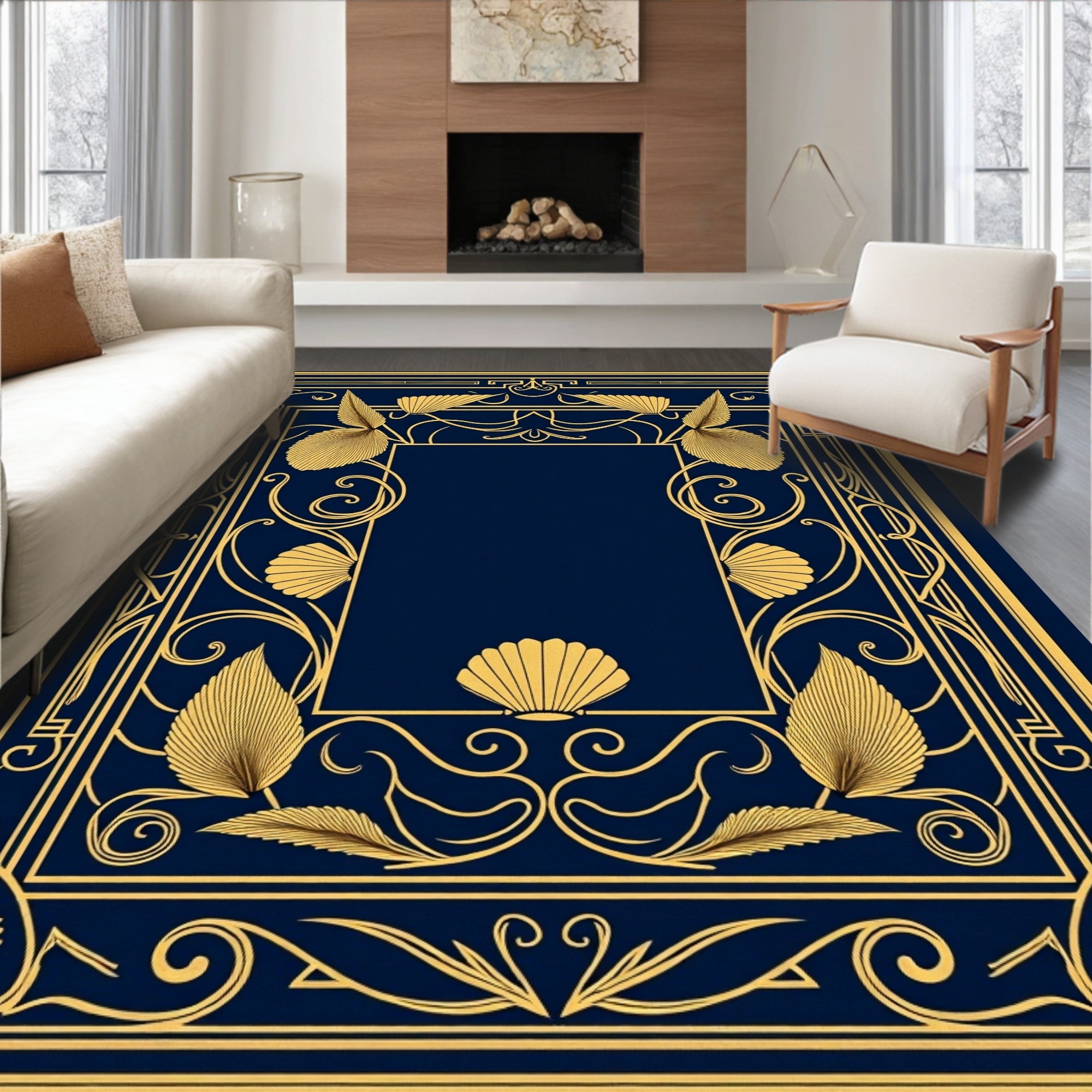 Golden Art Nouveau Seashell Leaf Frame Rug