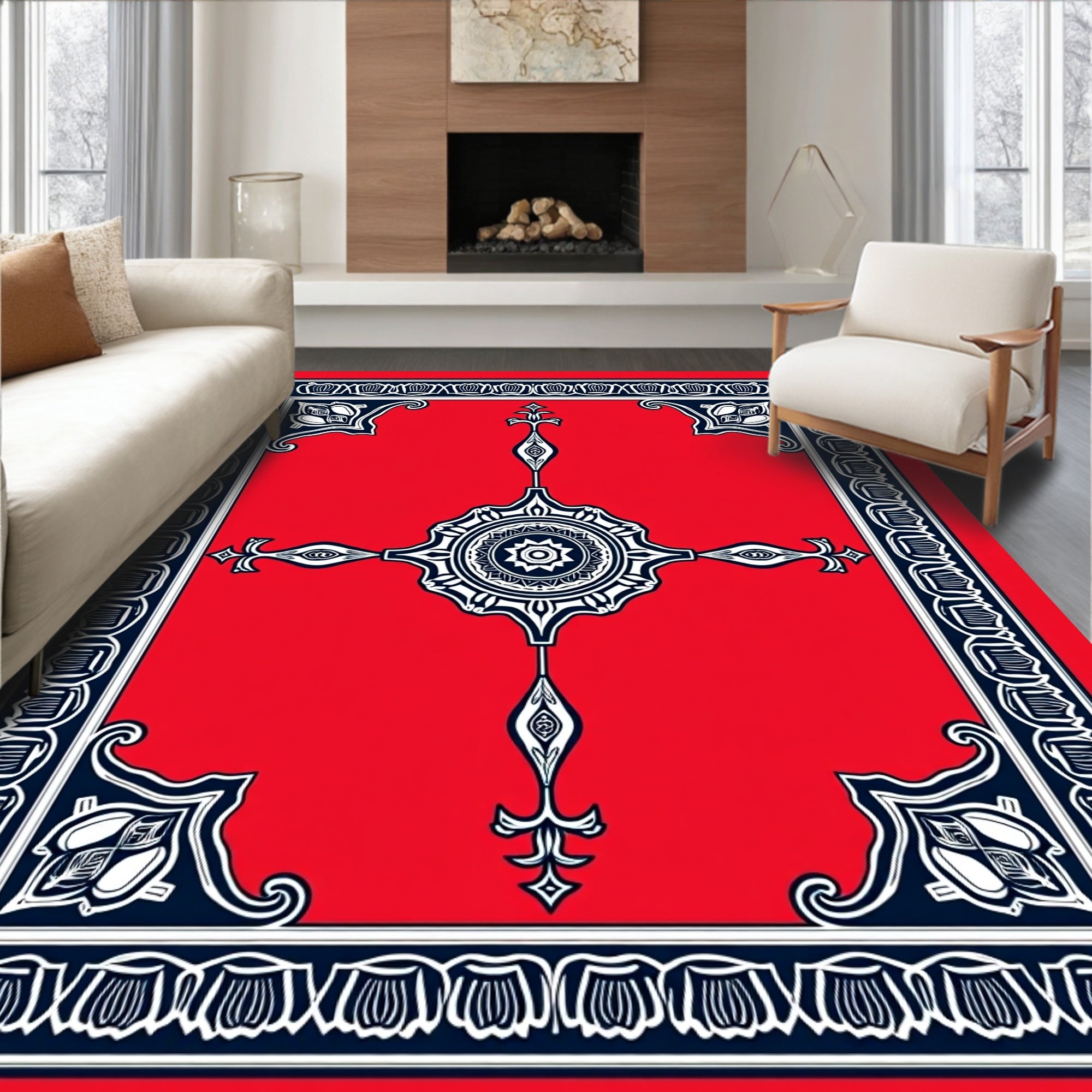 Red Starburst Medallion Indigo Border Rug