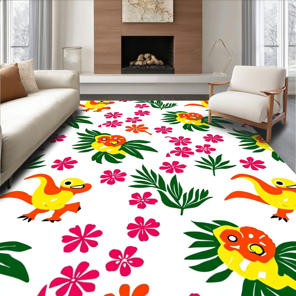 Whimsical Yellow Dinosaur Floral Garden Rug