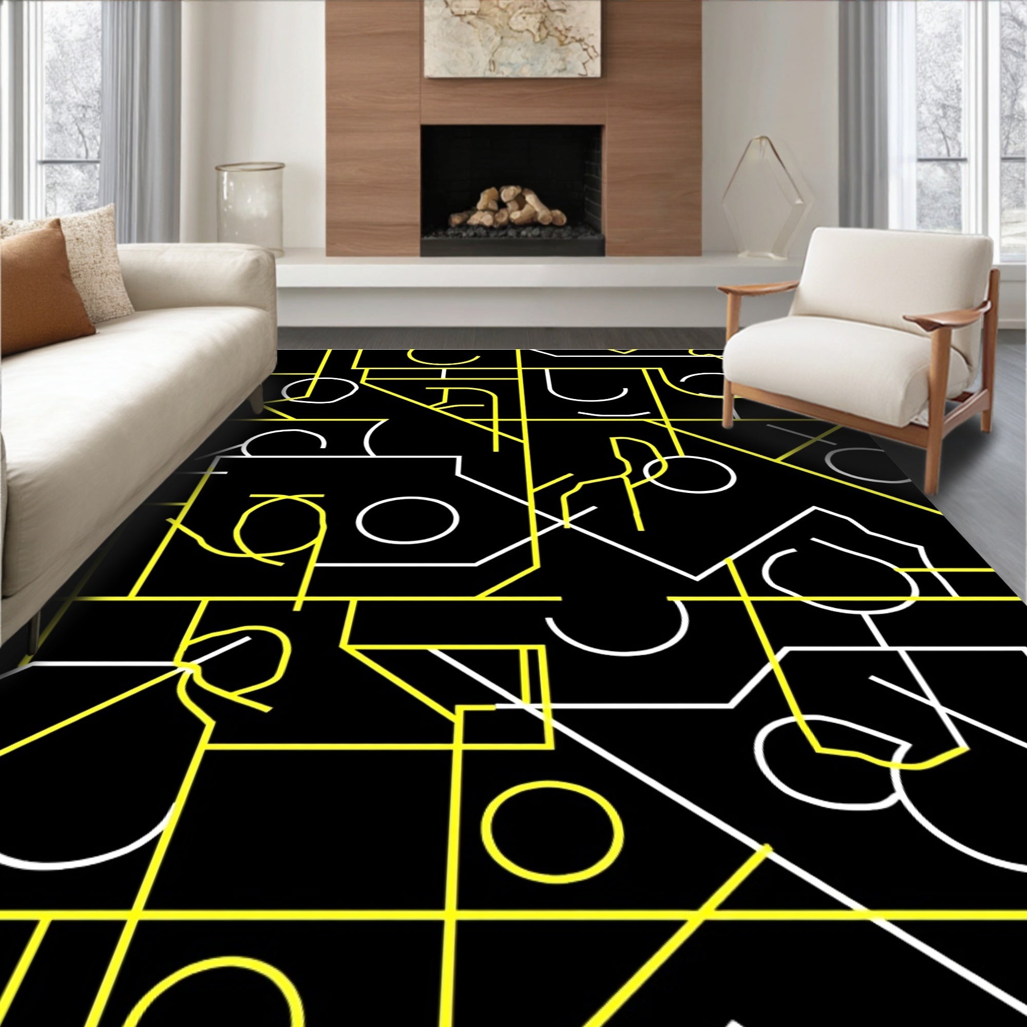 Bold Yellow White Geometric Maze Rug