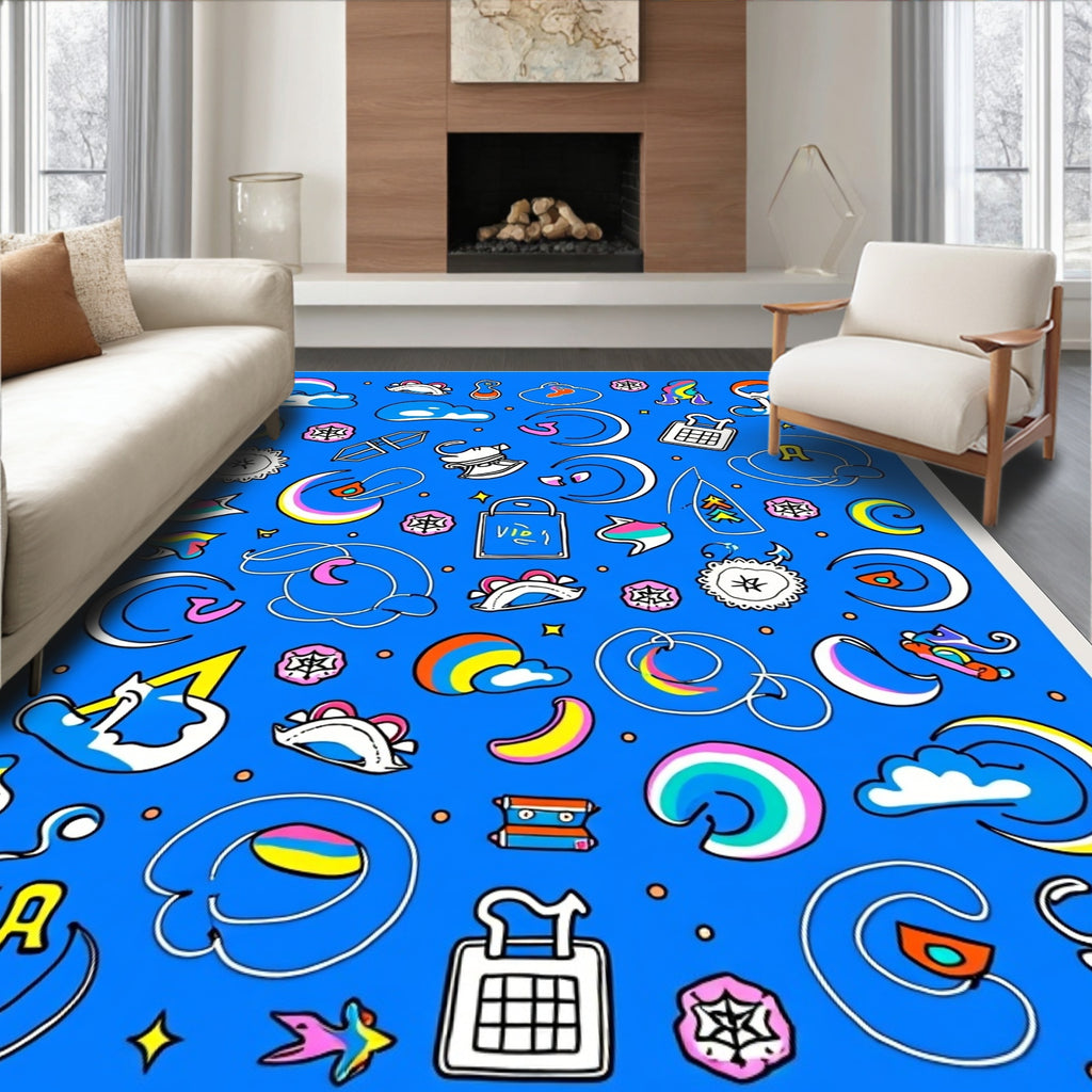 Whimsical Rainbow Cloud Moon Collage Rug