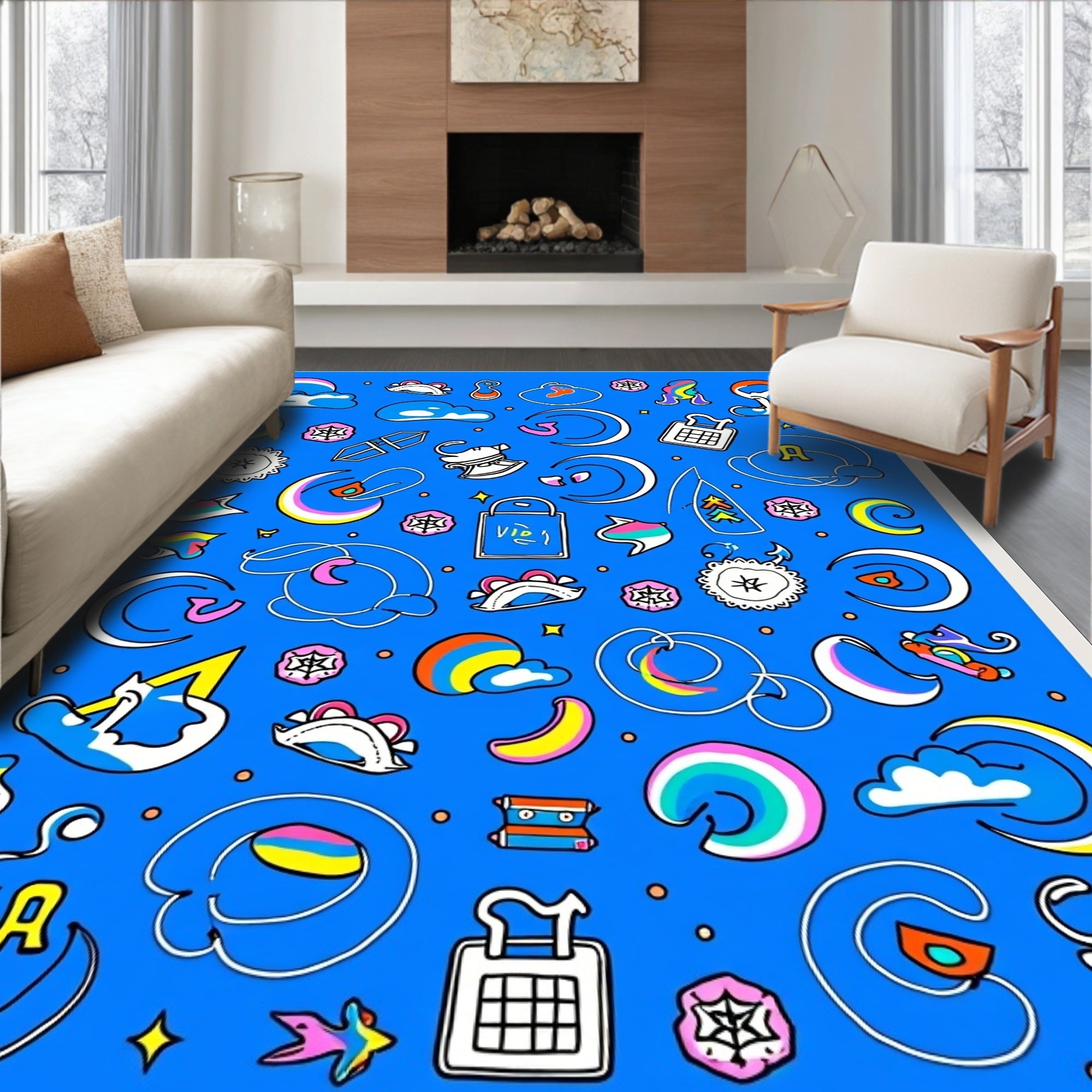 Whimsical Rainbow Cloud Moon Collage Rug