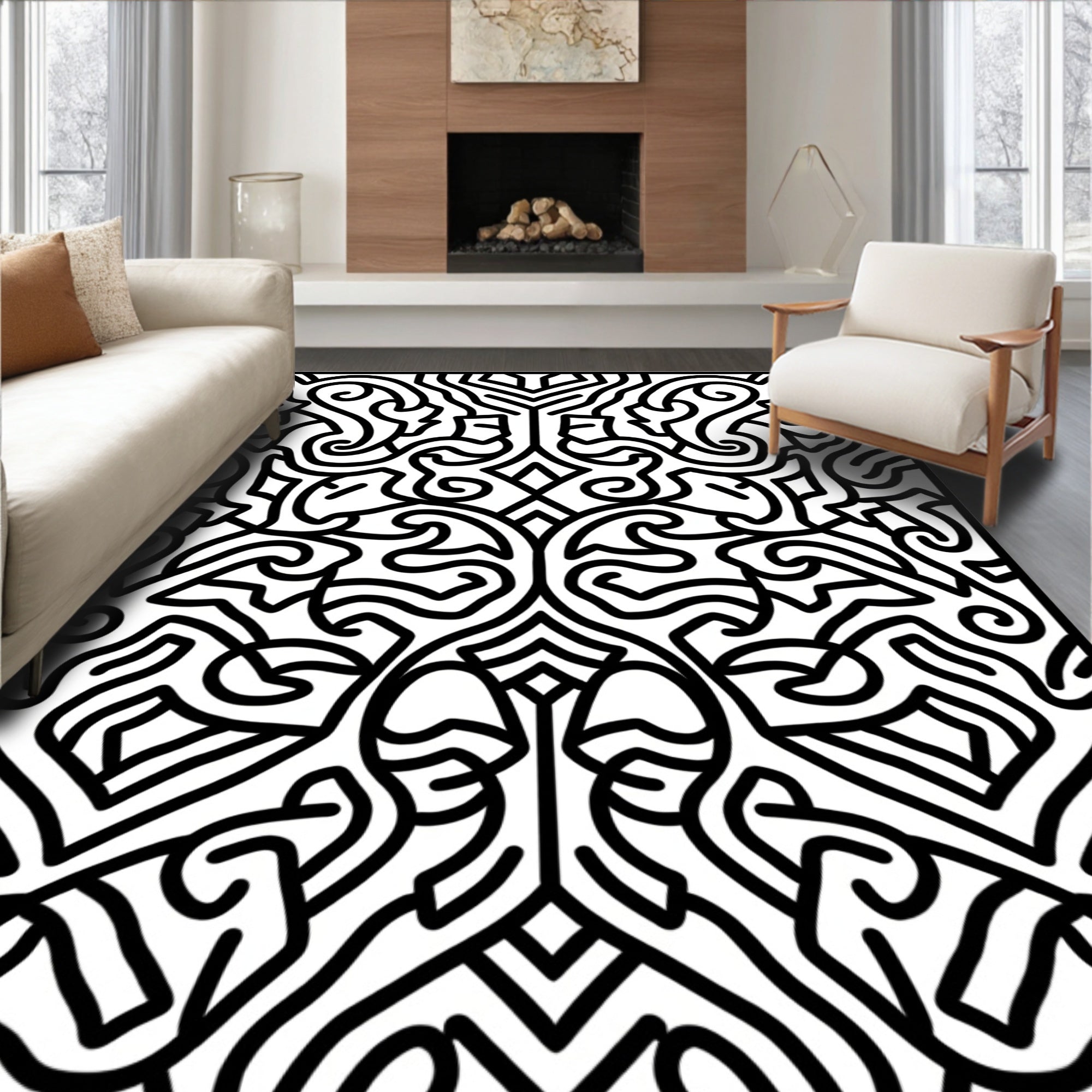 Intricate Black White Abstract Symmetry Rug
