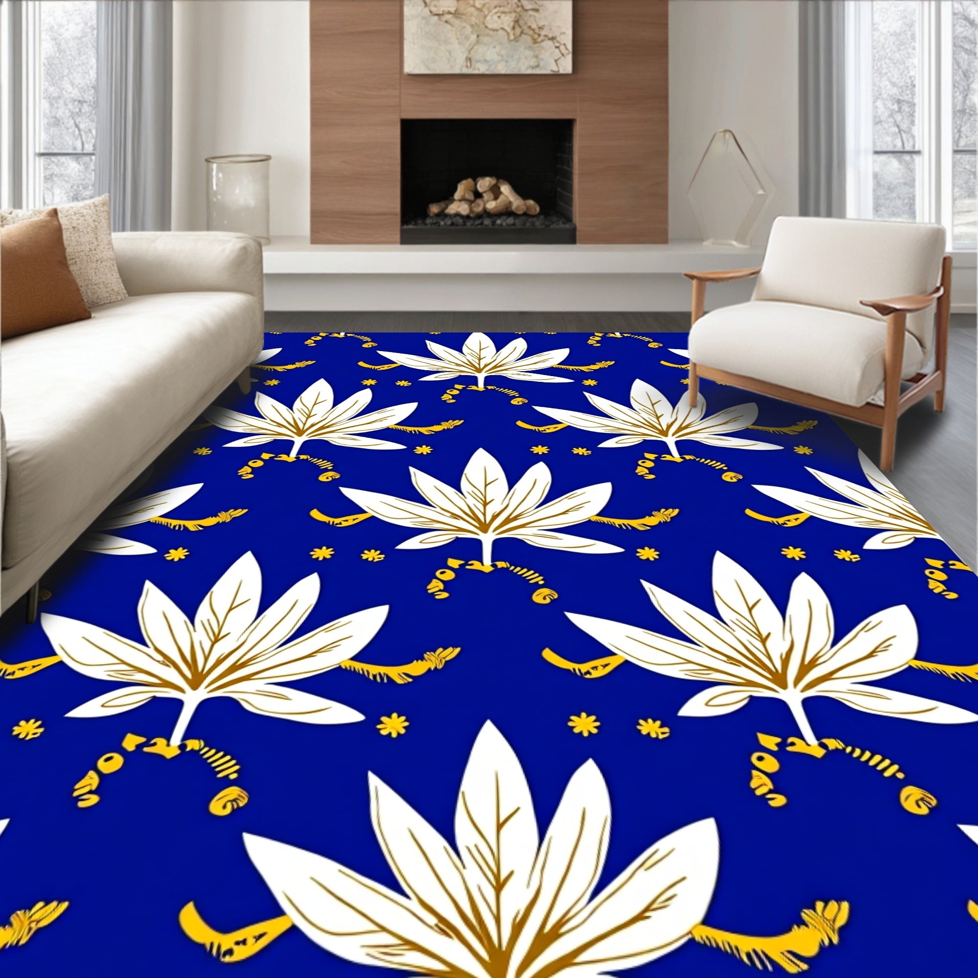White Leaf Meadow Blue Rug