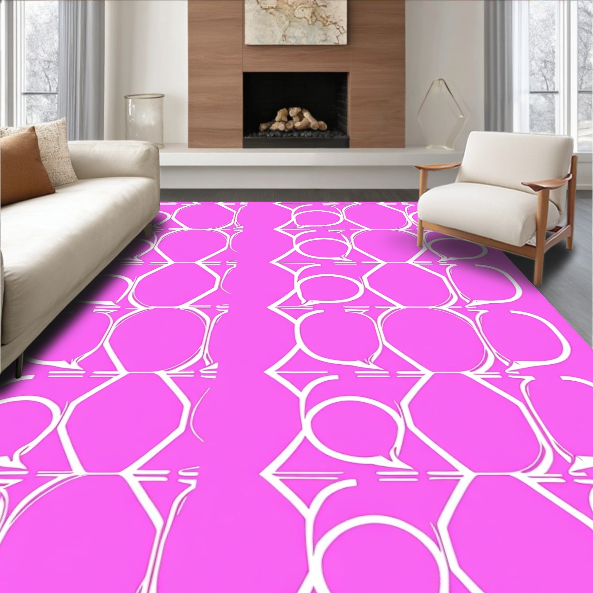 Pink White Interlocking Geometric Abstract Rug