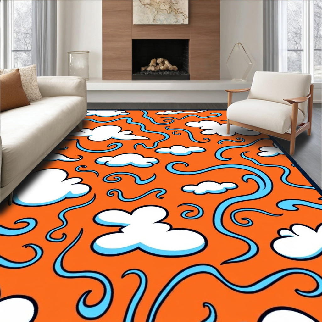 Whimsical Orange Sky Cloud Swirl Rug