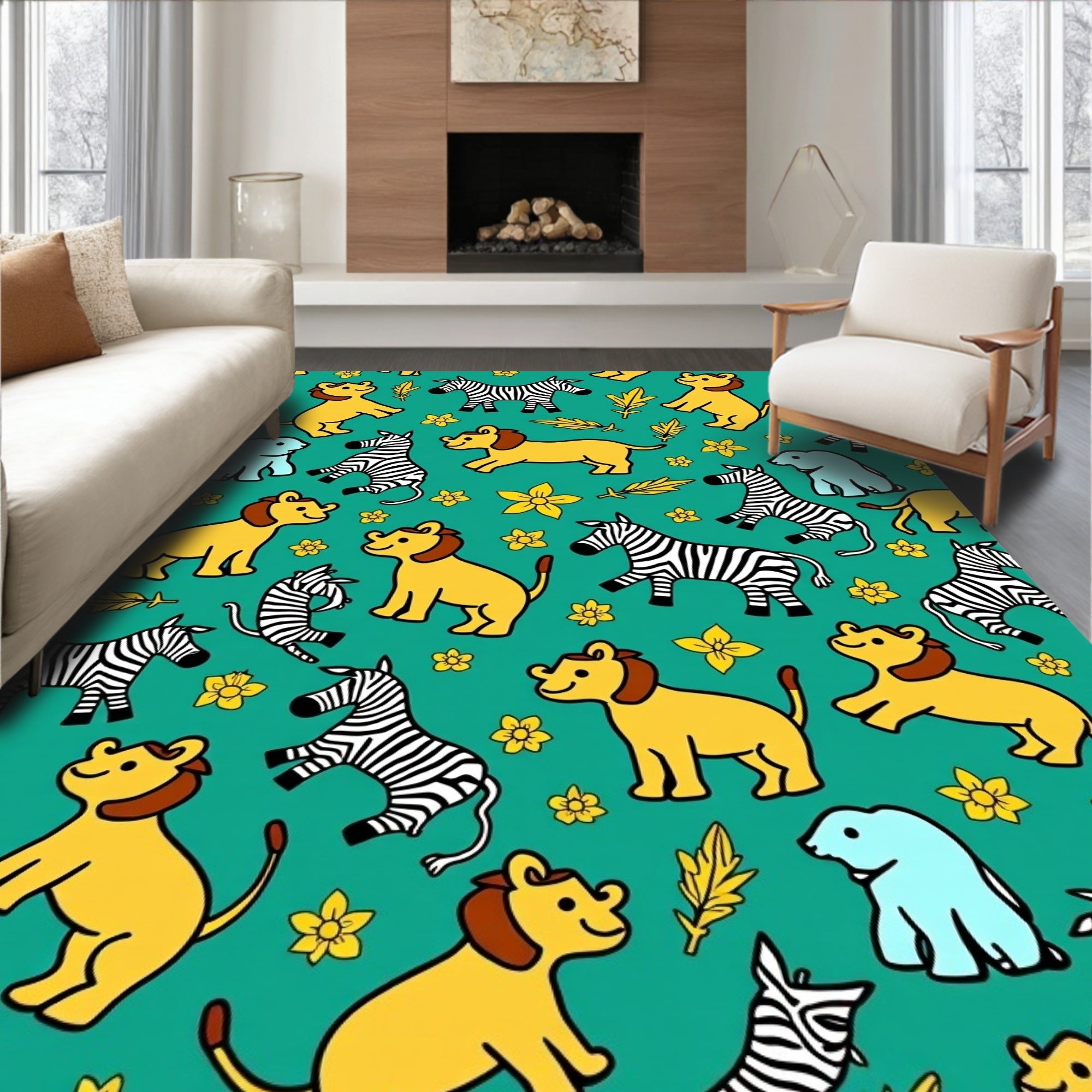Happy Safari Animals Yellow Green Background Rug