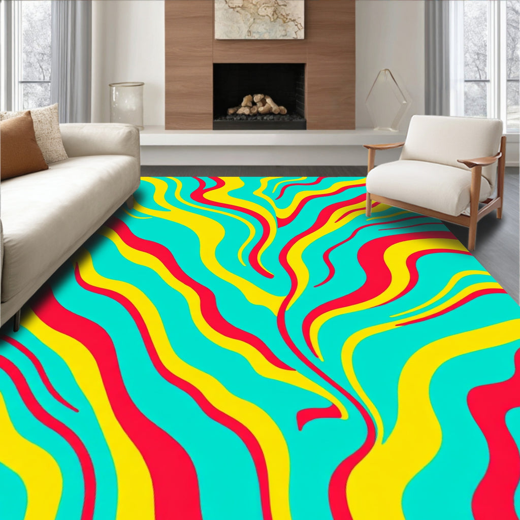 Vibrant Turquoise Red Yellow Swirl Rug