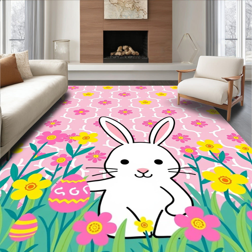 Pink Floral Bunny Easter Egg Meadow Rug