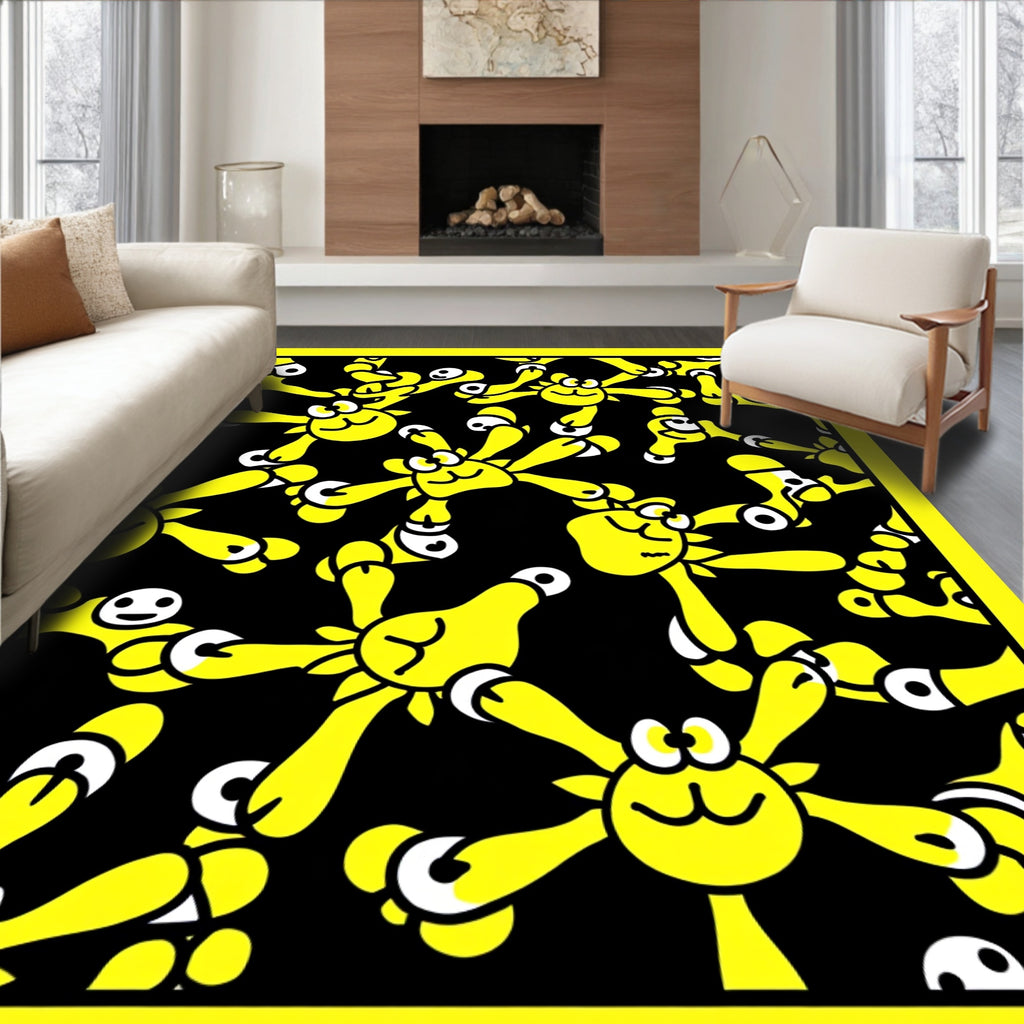 Whimsical Yellow Characters Black Background Rug