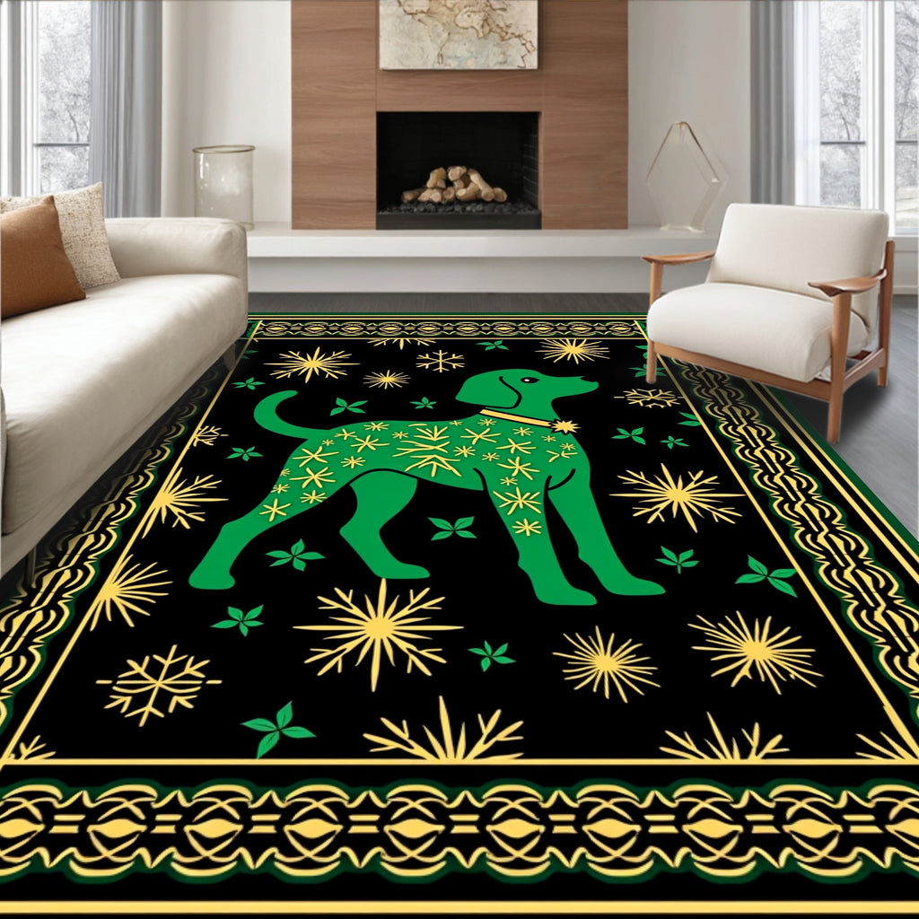 Green Dog Yellow Starburst Snowflake Border Rug
