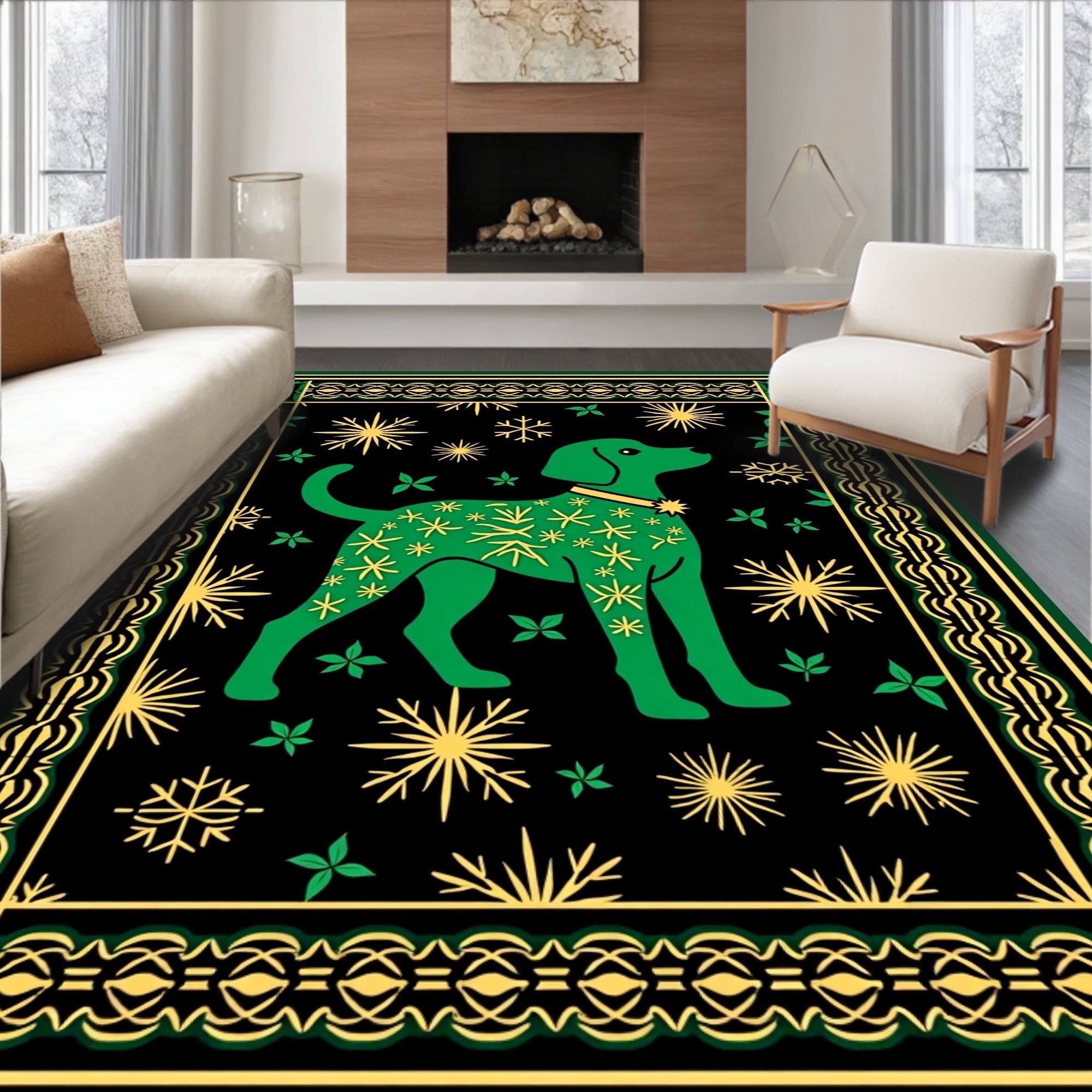 Green Dog Yellow Starburst Snowflake Border Rug