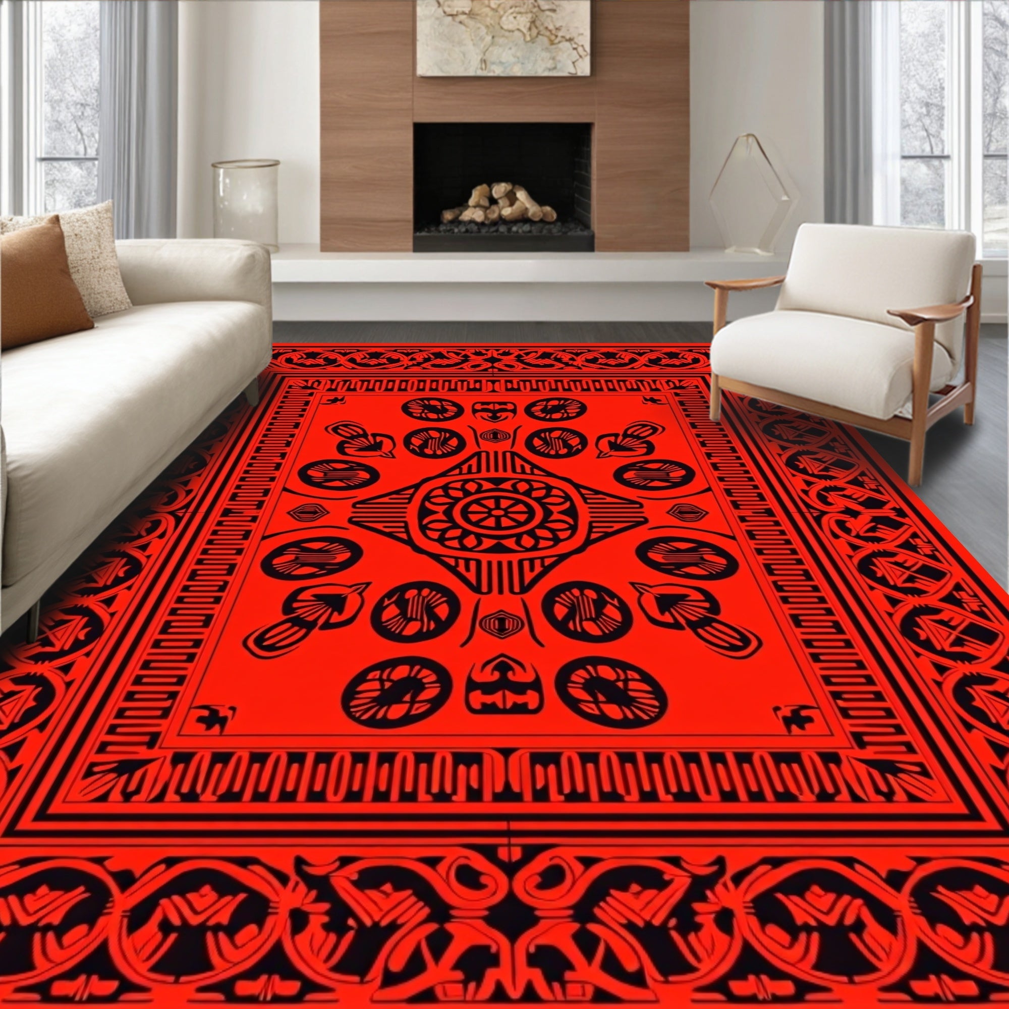 Bold Red Black Central Medallion Rug