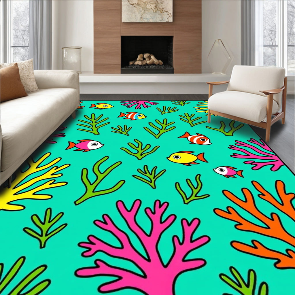 Coral Fish Turquoise Ocean Scene Rug