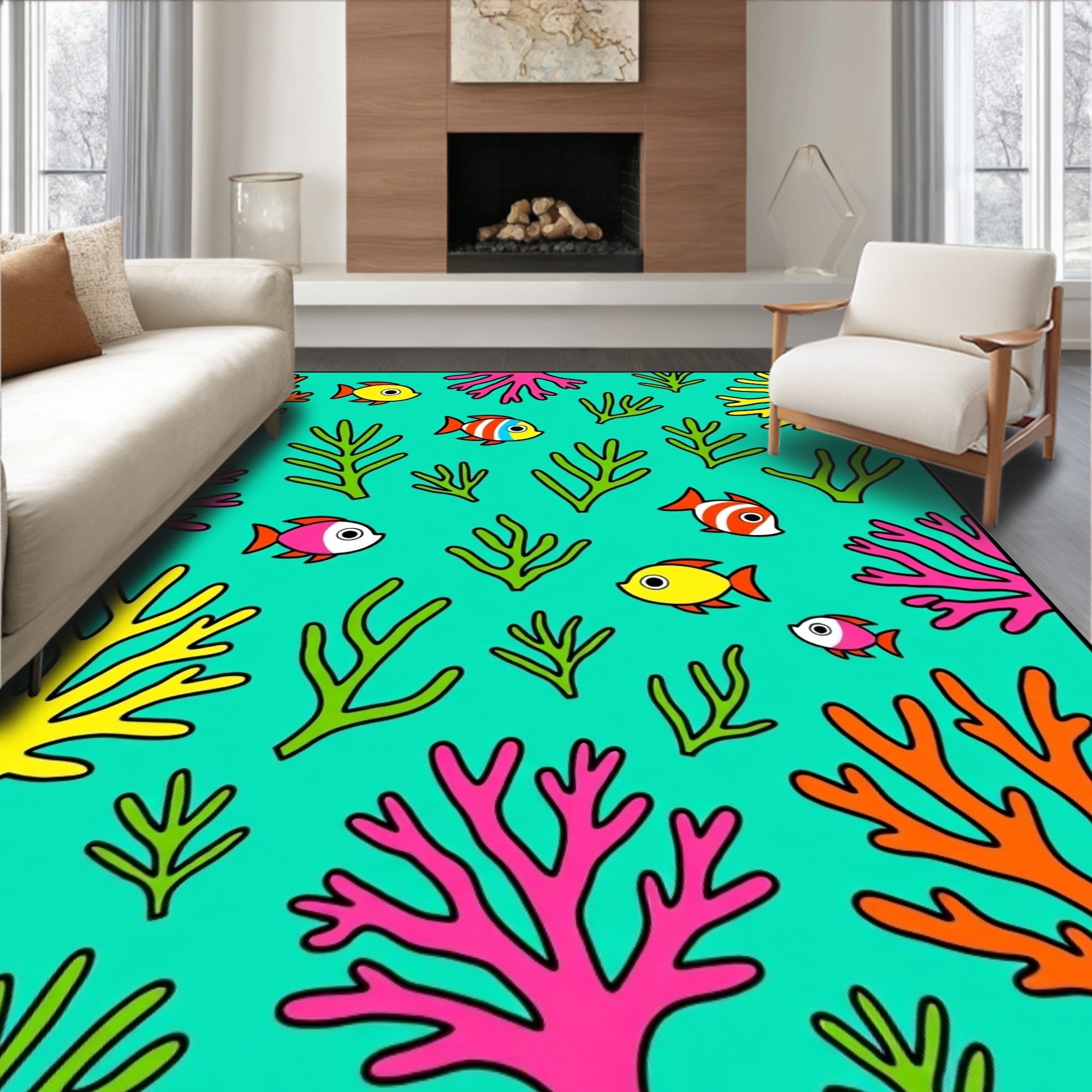 Coral Fish Turquoise Ocean Scene Rug