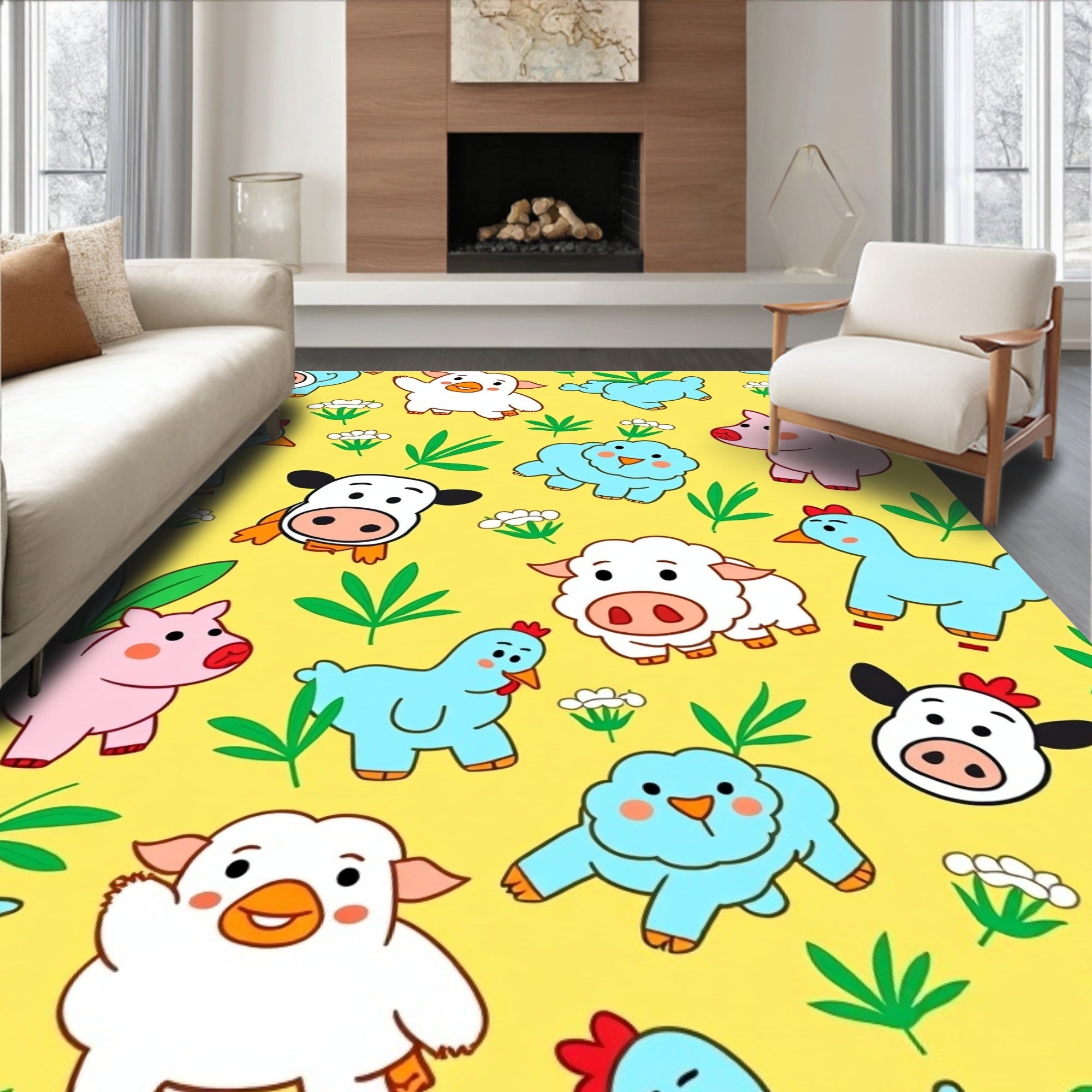 Cheeky Farm Animals On Yellow Field Rug