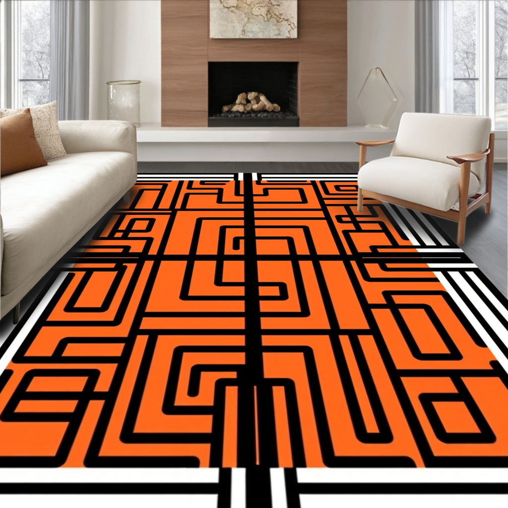 Bold Orange Maze Geometric Lines Rug