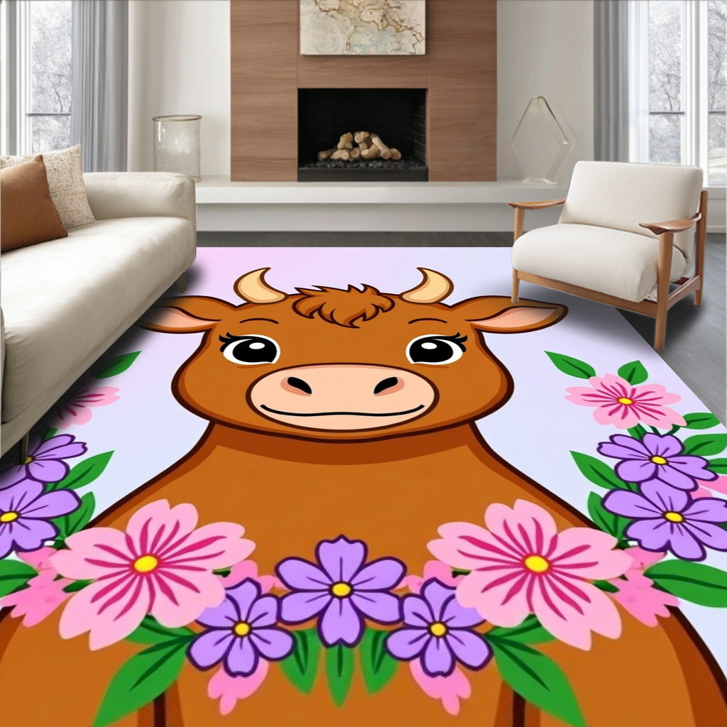Brown Cow With Floral Garland Accents Rug