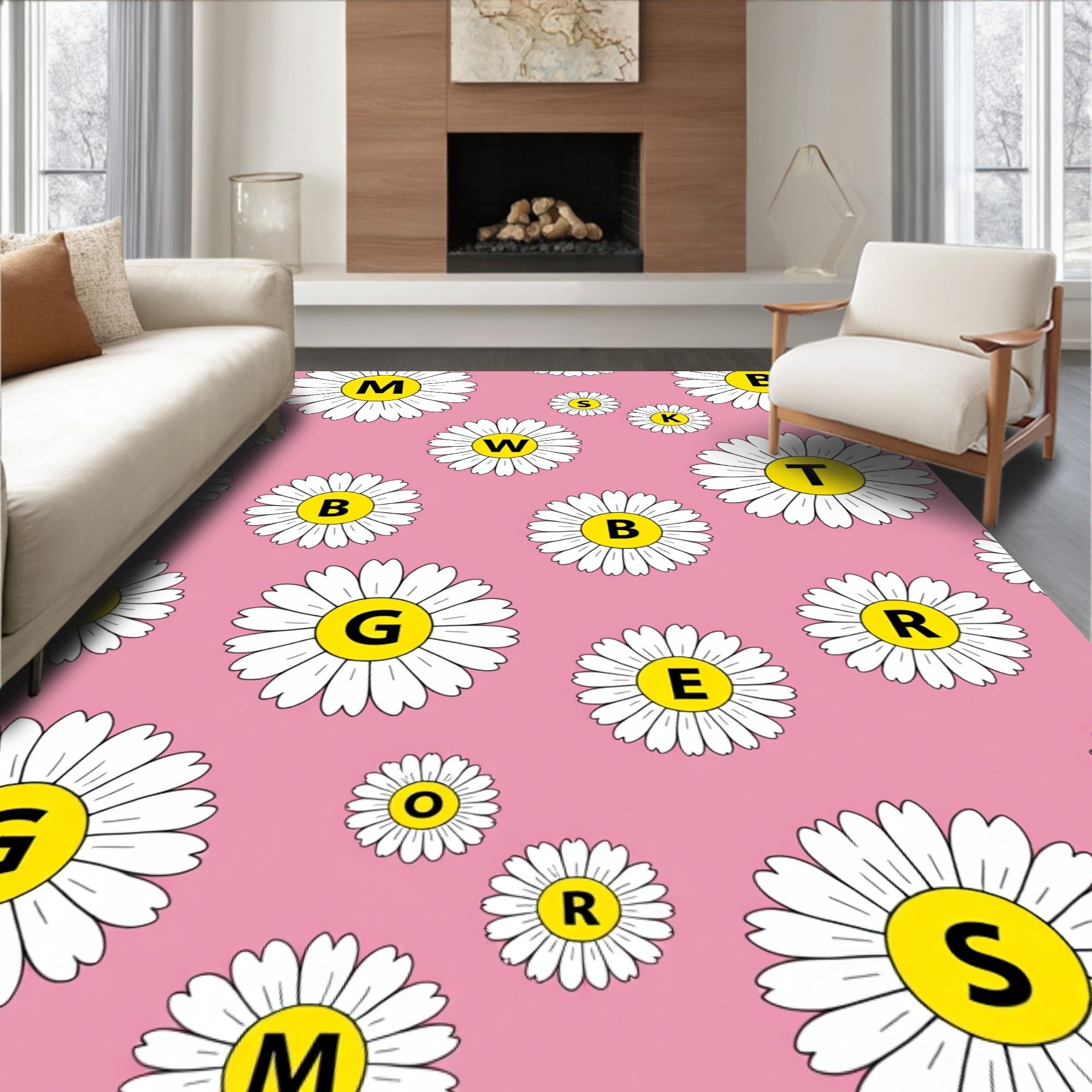 Pink Daisy Alphabet Collage Rug