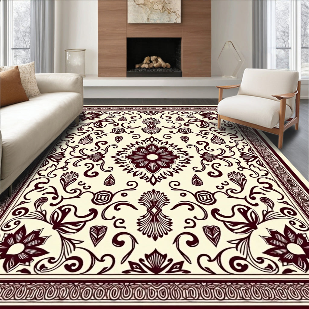 Crimson Floral Medallion Botanical Scroll Rug