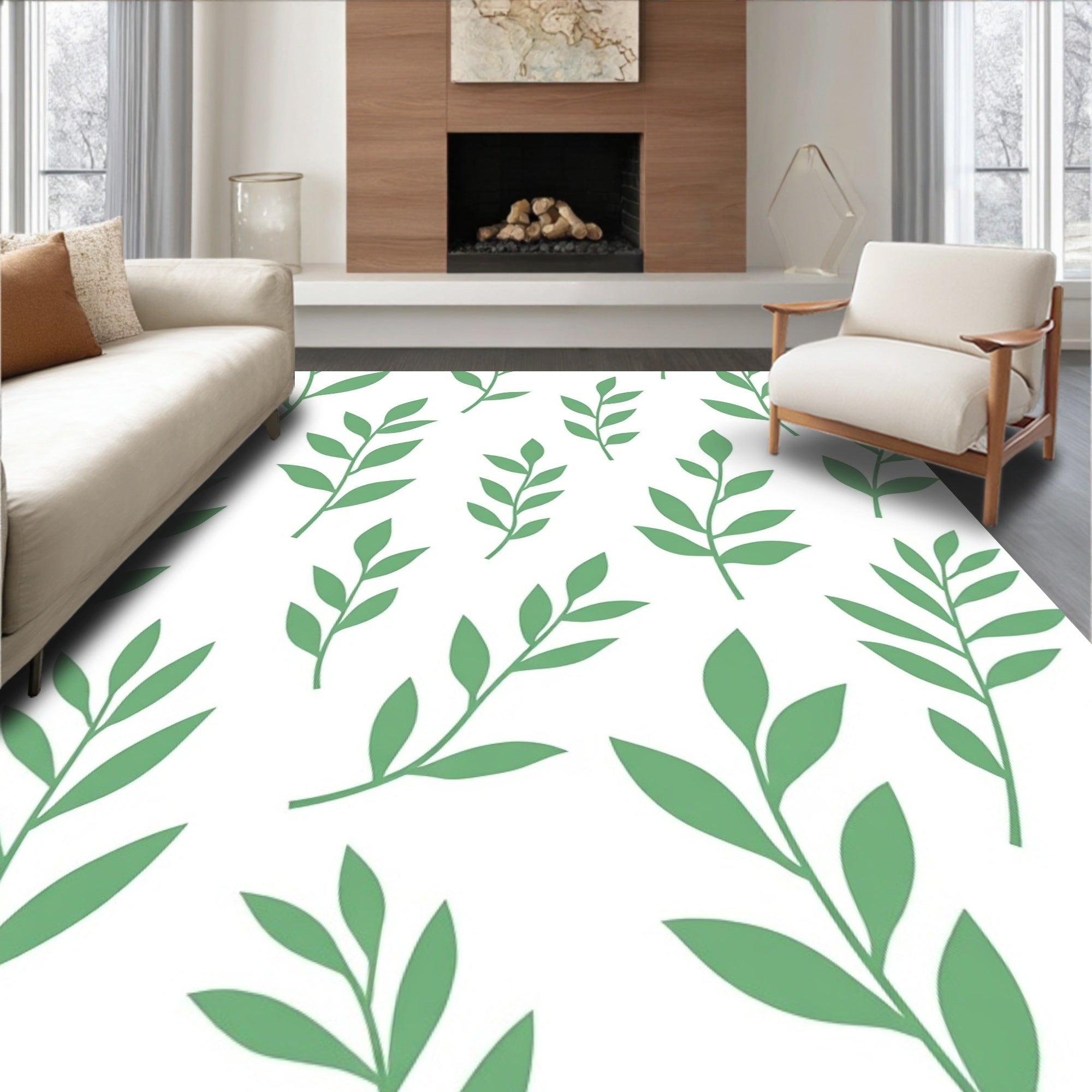 Soft Green Leafy Branch Arrangement Rug