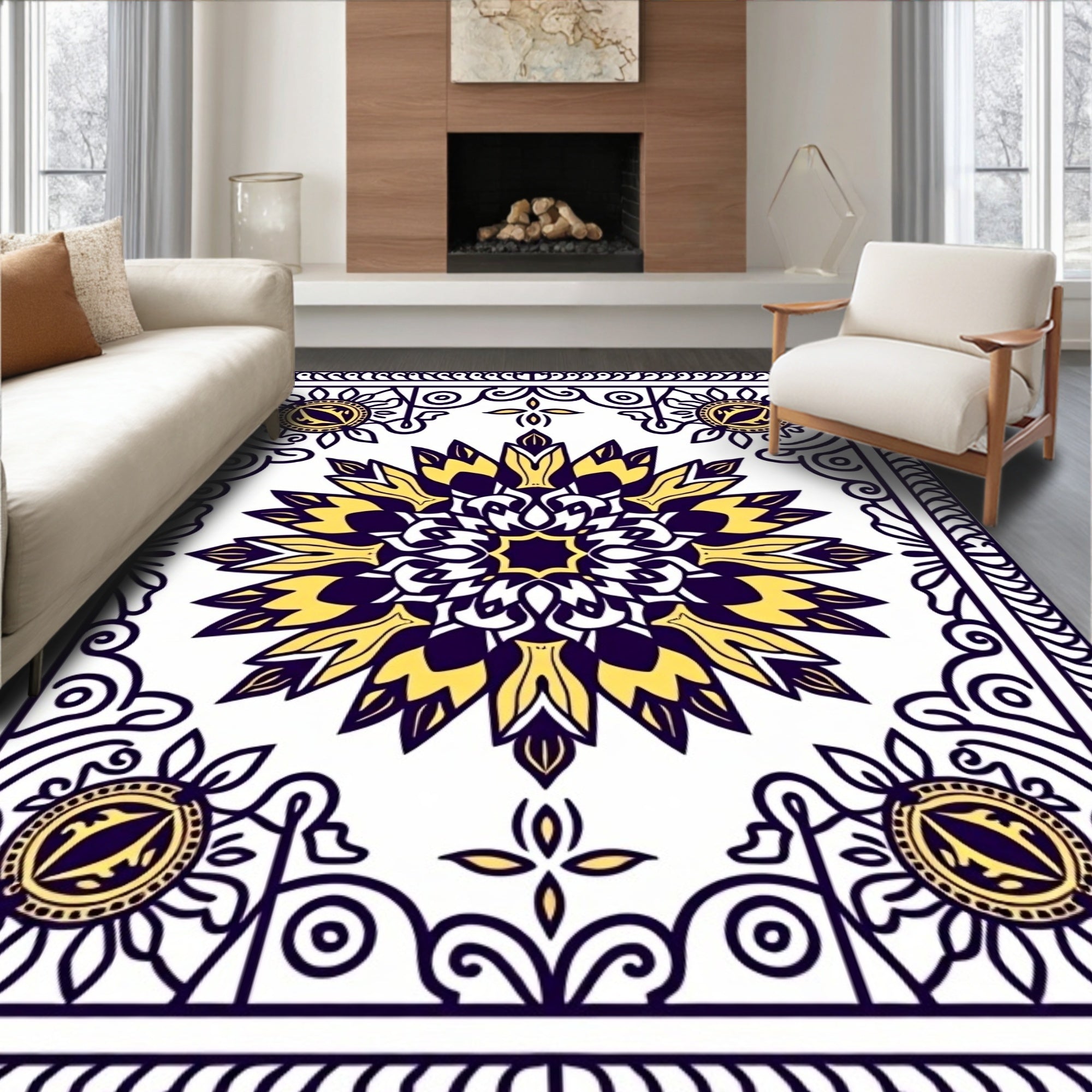 Deep Indigo Yellow Sunburst Mandala Rug