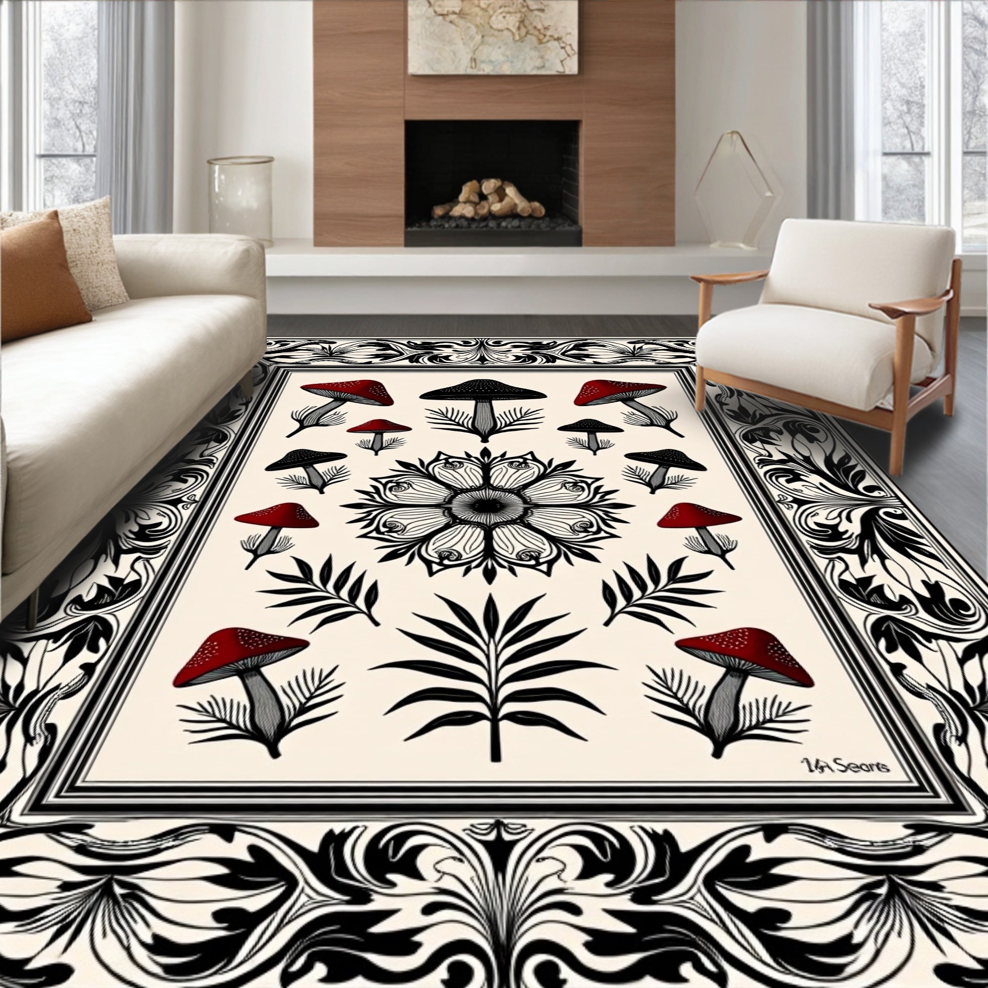 Crimson Black Mushroom Floral Frame Rug