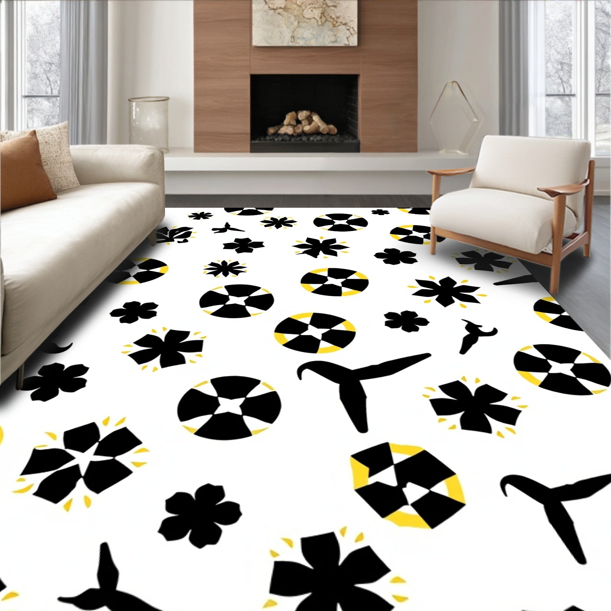 Bold Black Yellow Geometric Flower Rug