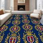 Navy Blue and Gold Crest Motif Rug
