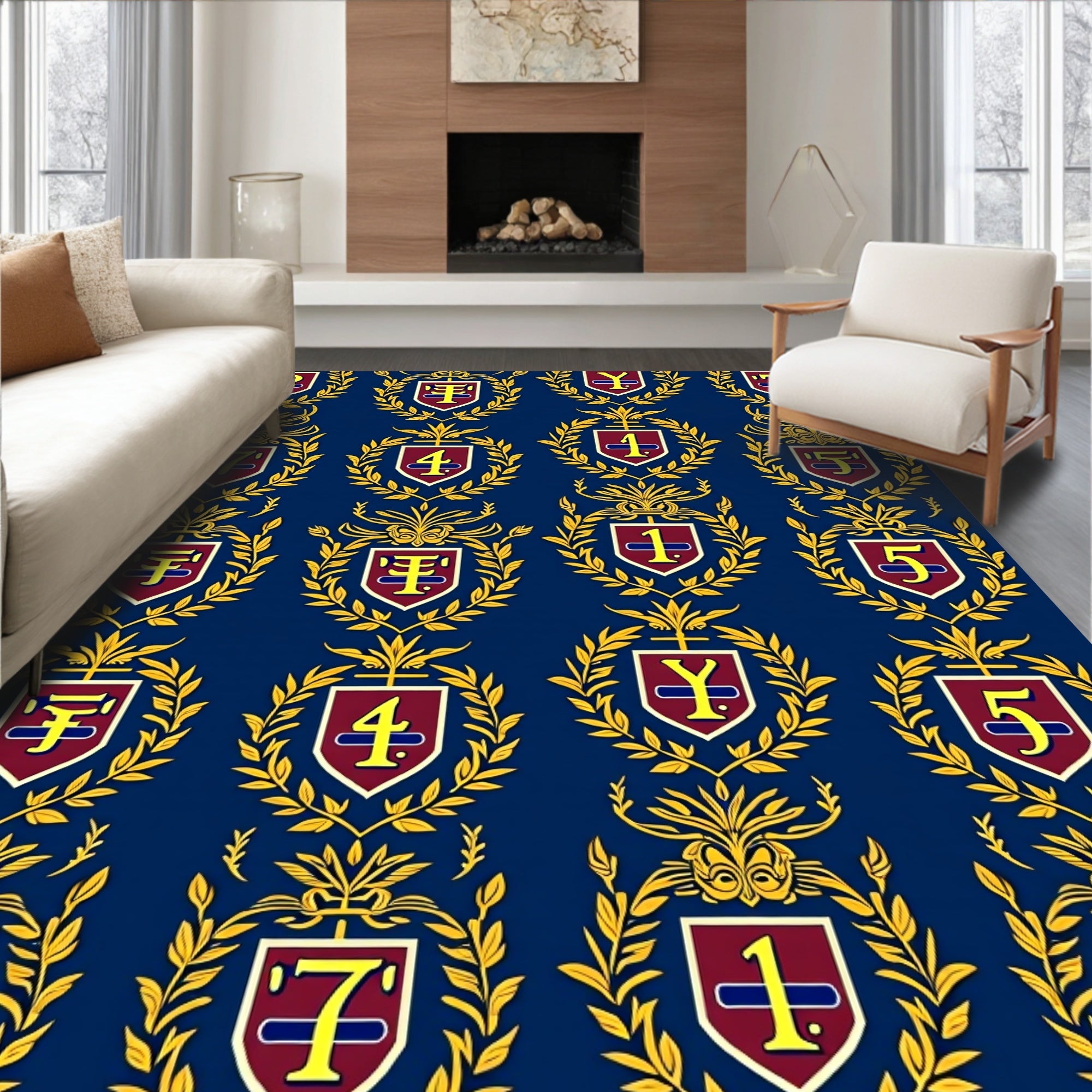Navy Blue and Gold Crest Motif Rug