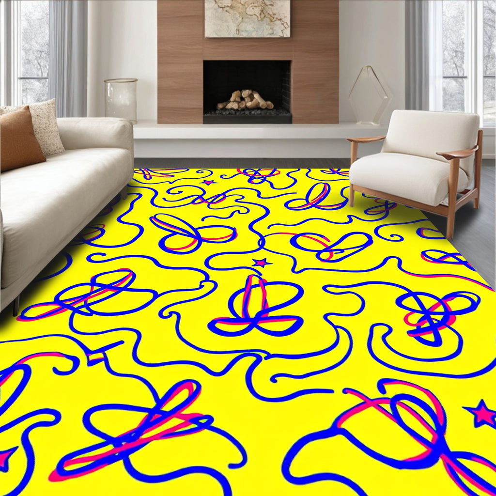 Retro Yellow Blue Swirls Starburst Rug