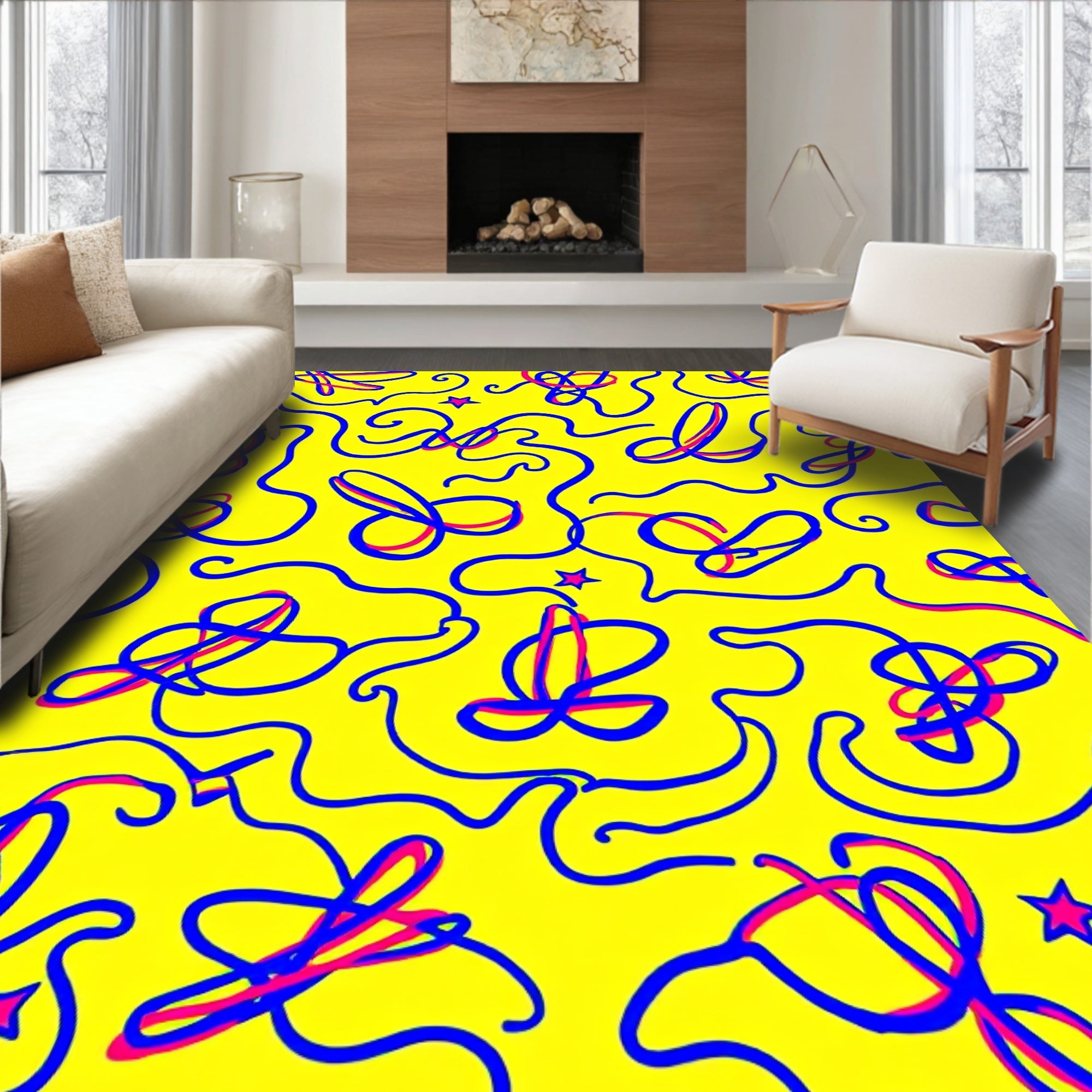 Retro Yellow Blue Swirls Starburst Rug