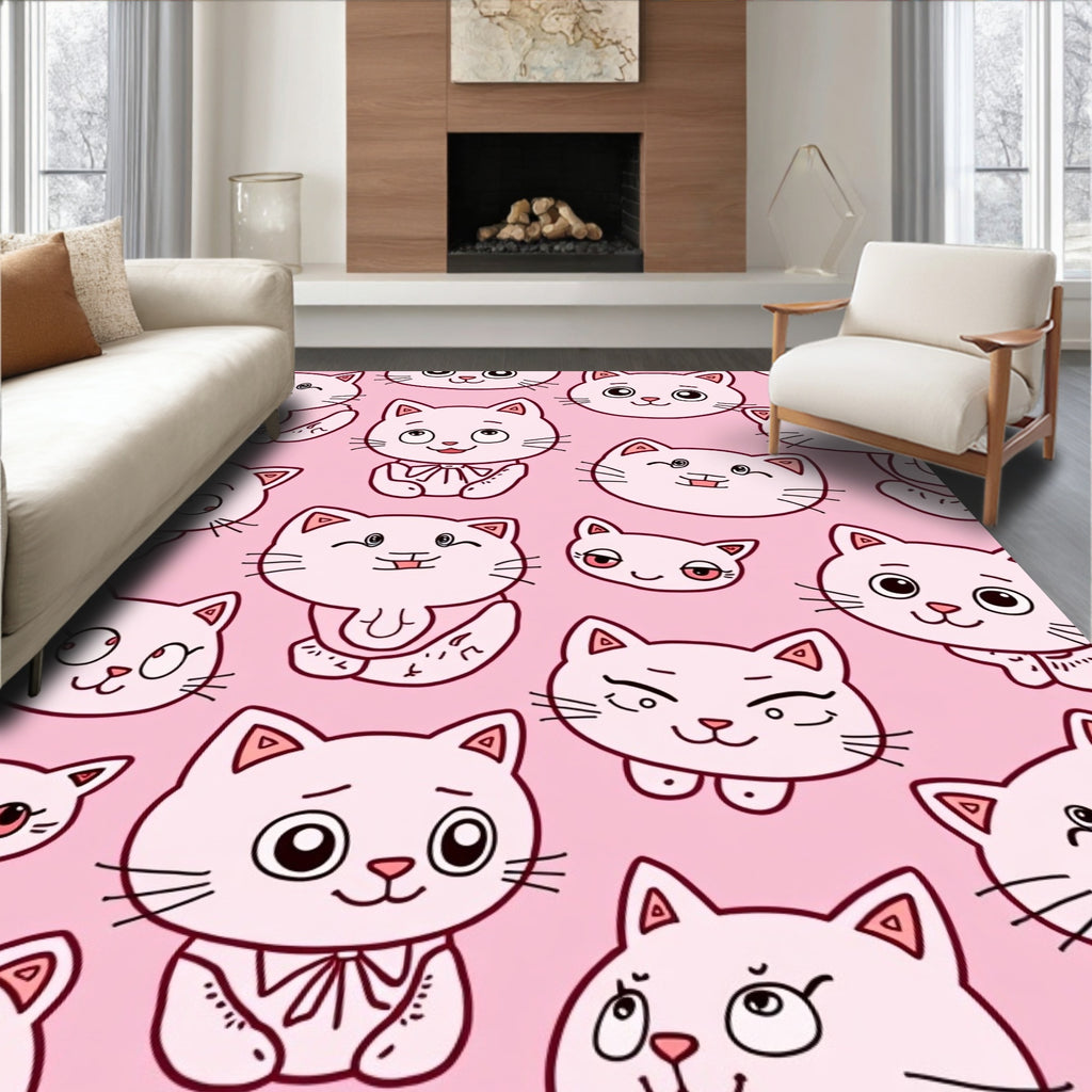 Pink Cat Faces Whimsical Cartoon Rug