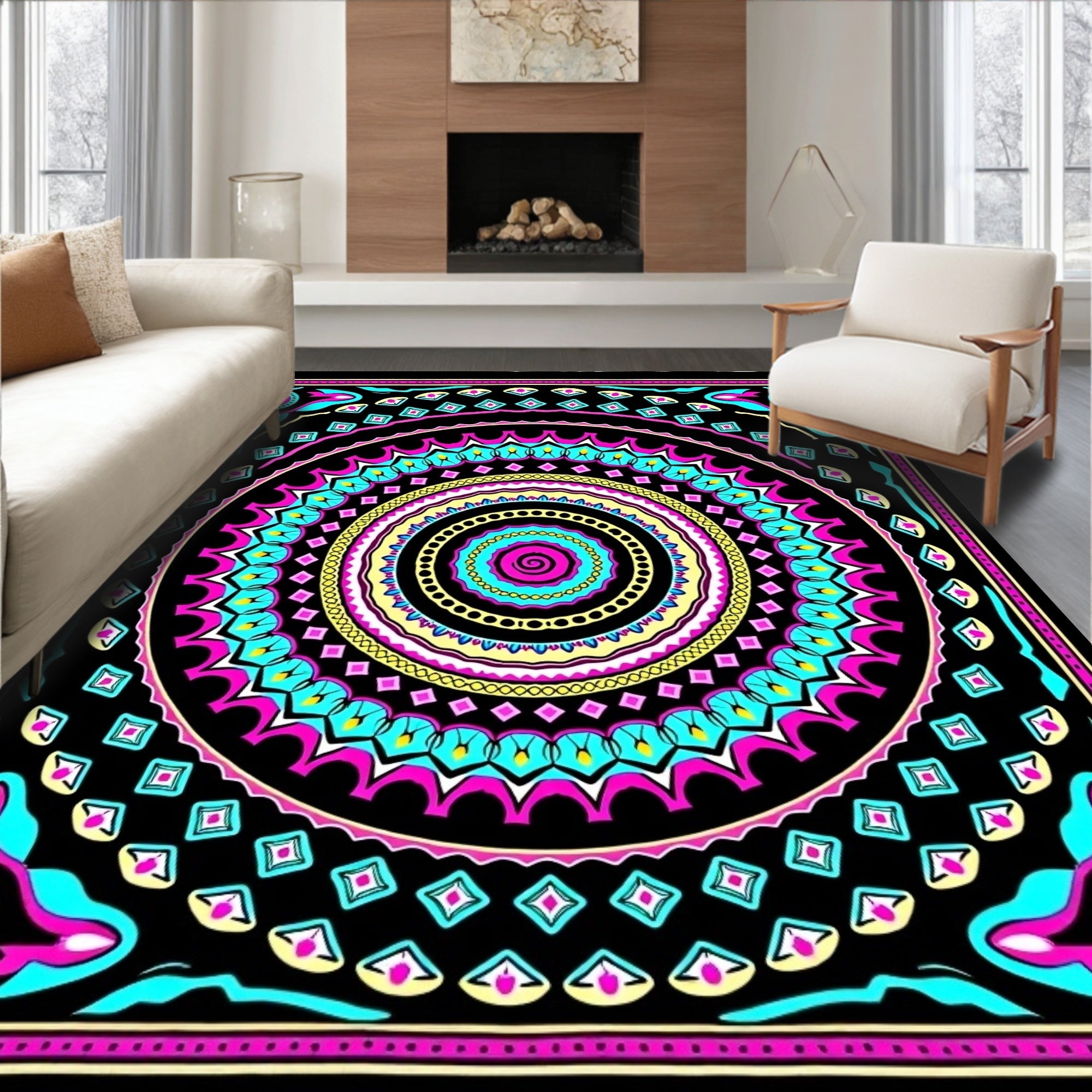 Vibrant Pink Teal Swirl Mandala Rug