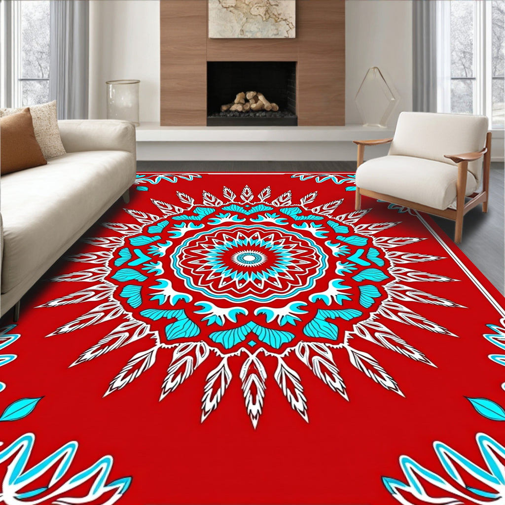 Vibrant Red Turquoise Medallion Floral Rug