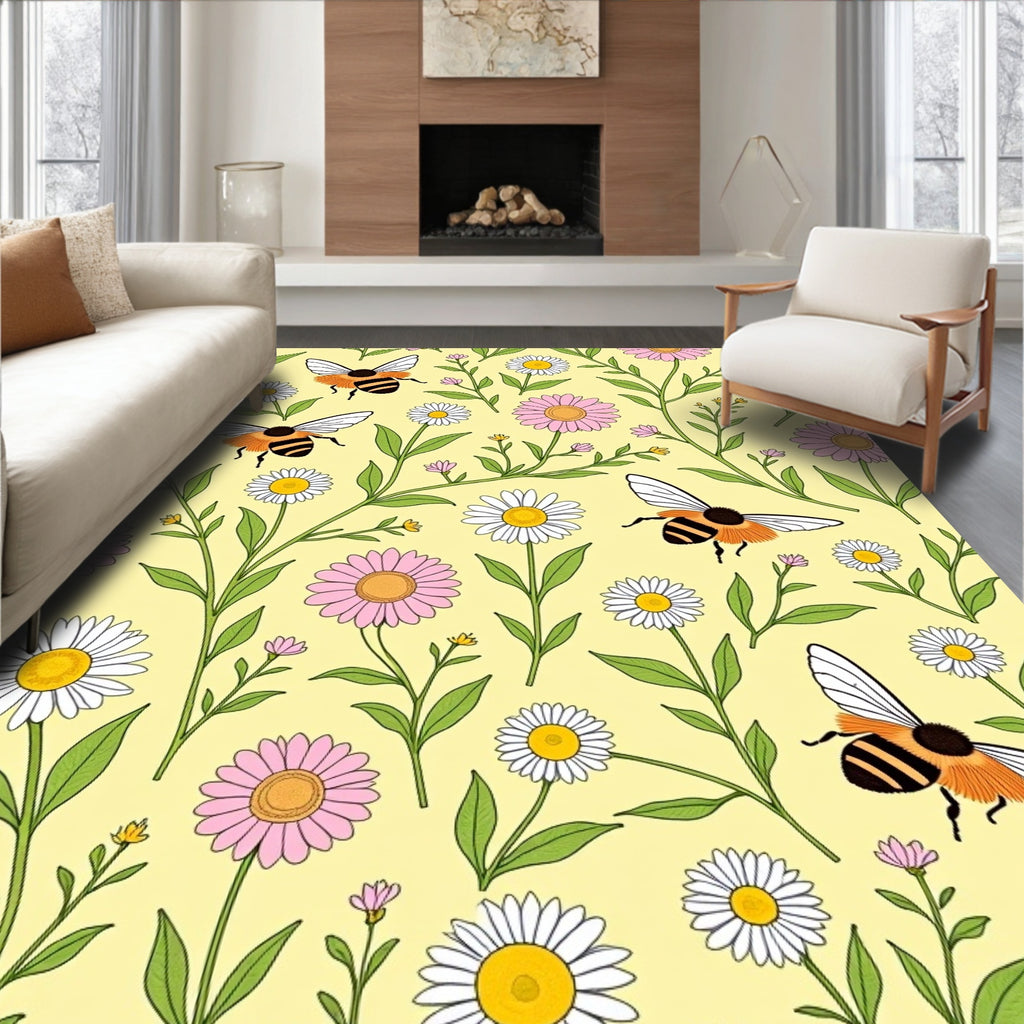 Whimsical Bumblebee Floral Garden Rug