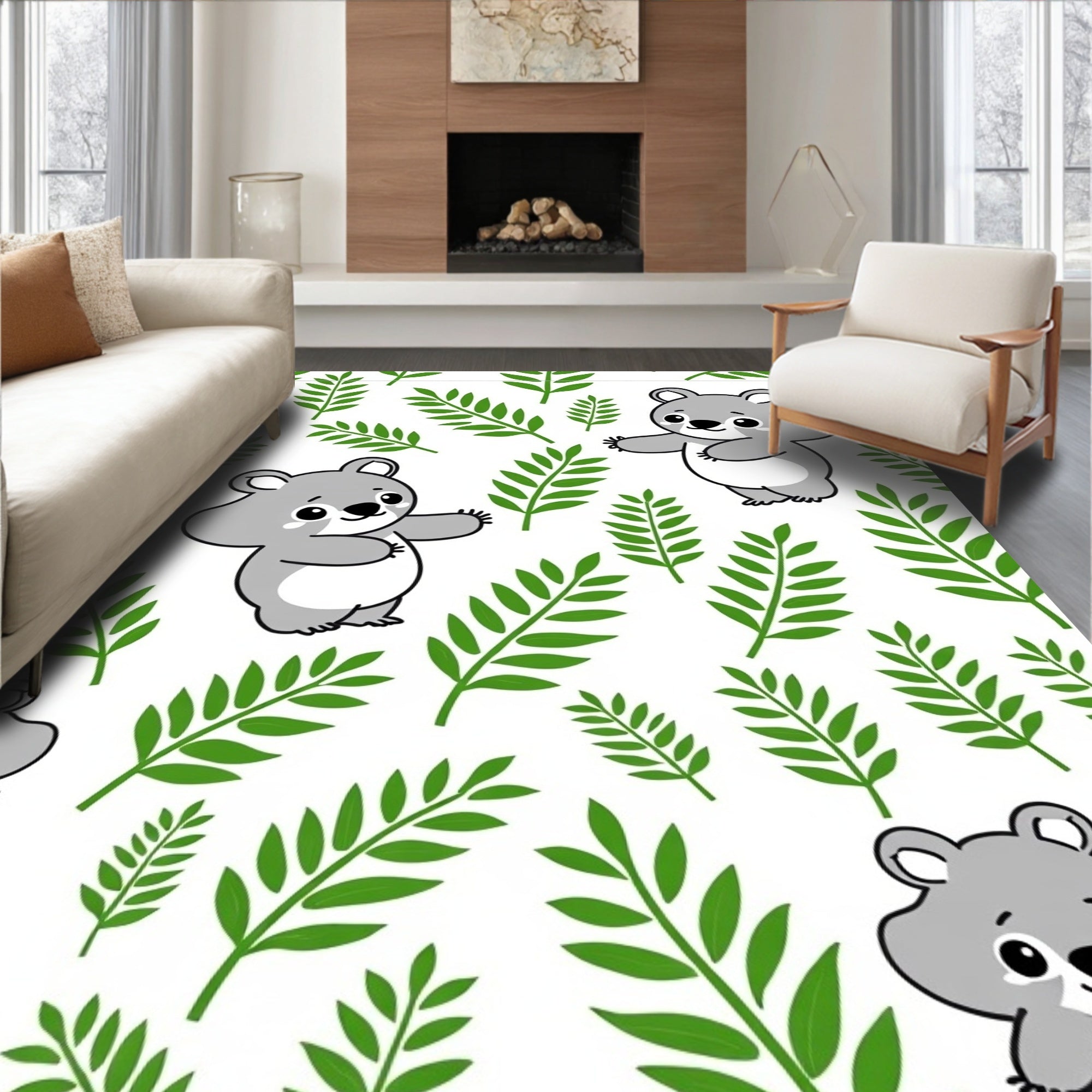 Playful Gray Koalas Green Foliage Rug
