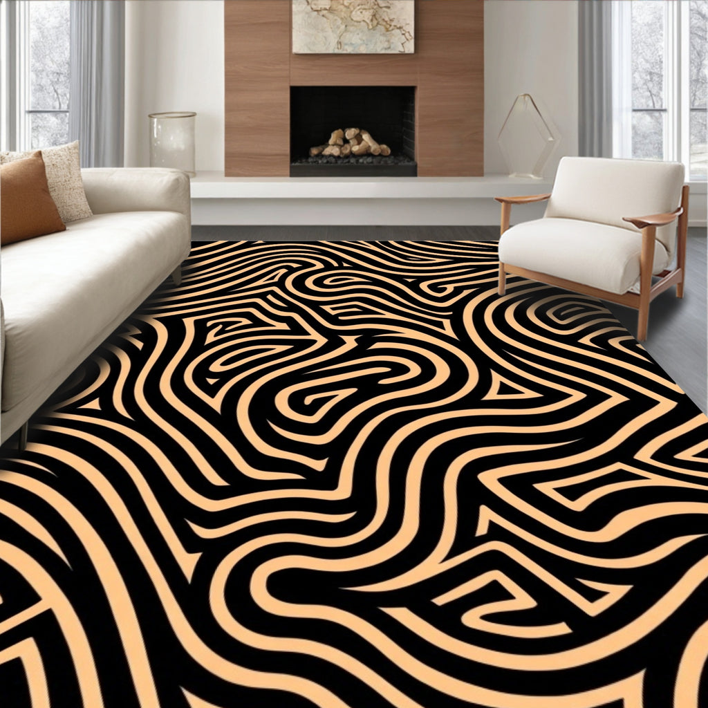 Curving Black Peach Labyrinth Rug